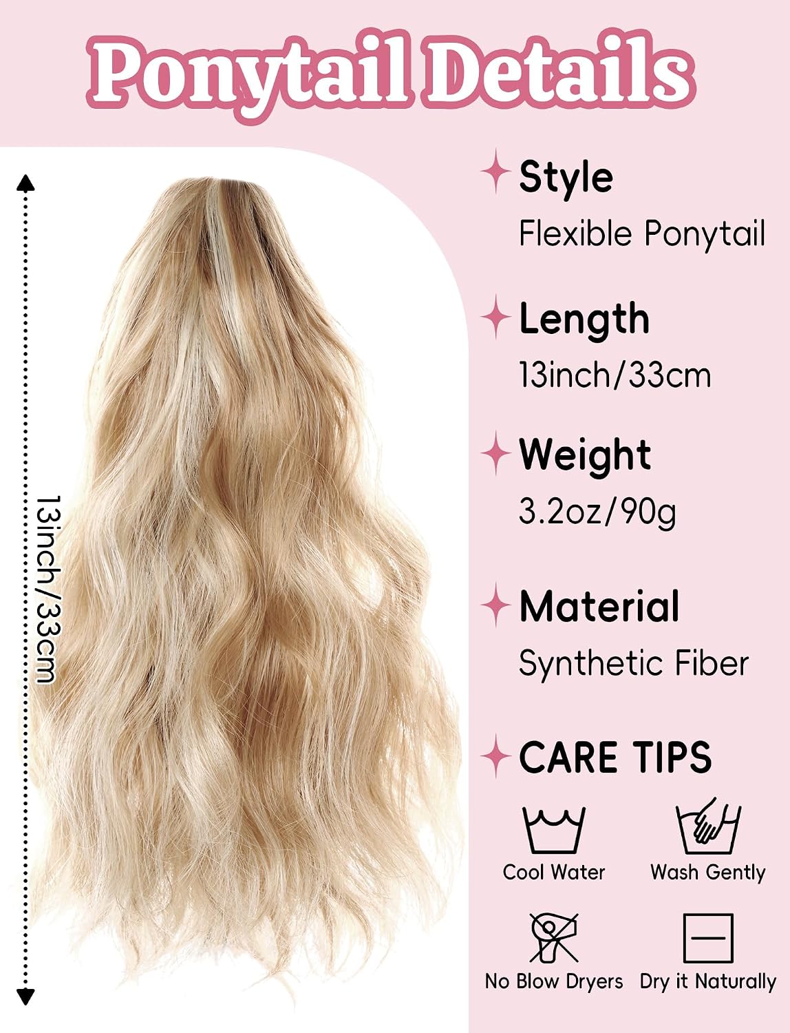 Curly Wavy Ponytail Hairpiece - 13-Inch Synthetic Claw Clip Extension | Honey Blonde