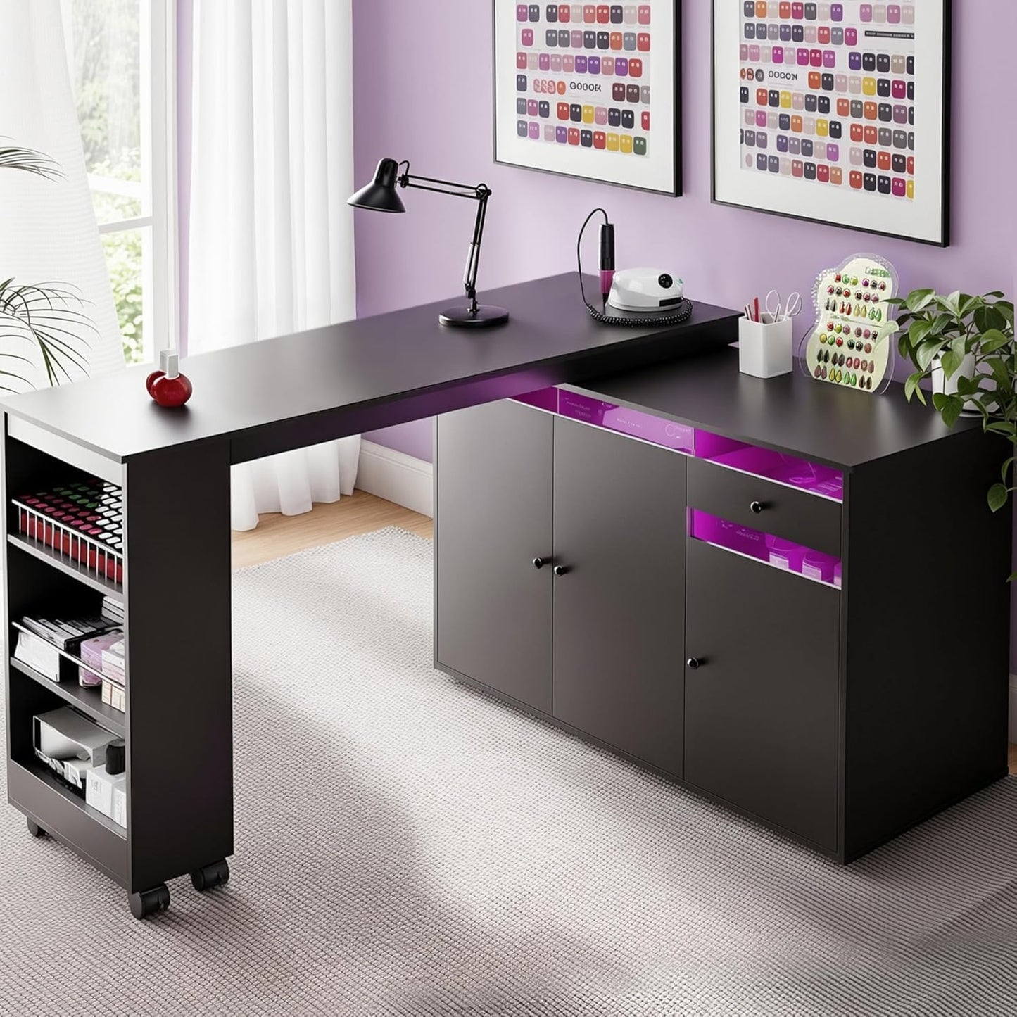 L-Shaped Manicure Table - Modern Nail Salon Desk with Storage & LED Light | White, Convertible Design
