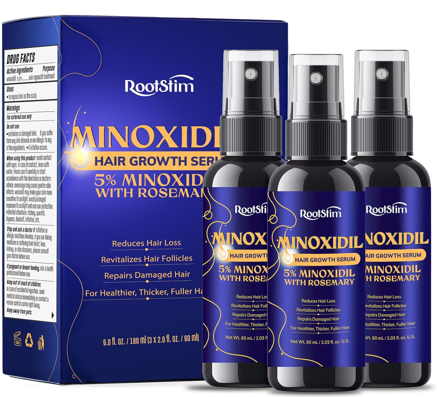 Minoxidil Hair Growth Treatment for Men & Women - Extra Strength 3-Pack with Rosemary for Thinning Hair Regrowth | 180 ML