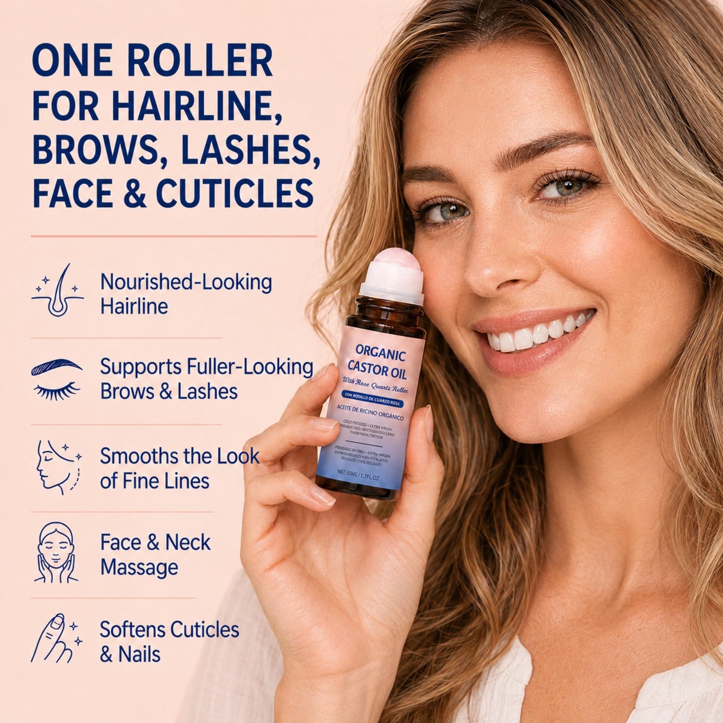 Organic Castor Oil Roll On, 100% Pure Castor Oil with Real Rose Quartz Roller Ball, Cold Pressed Castor Oil for Hair, Eyelashes, Eyebrows, Skin & Nails, Mess-Free Face Roller Beauty Oil, 1.7 fl oz