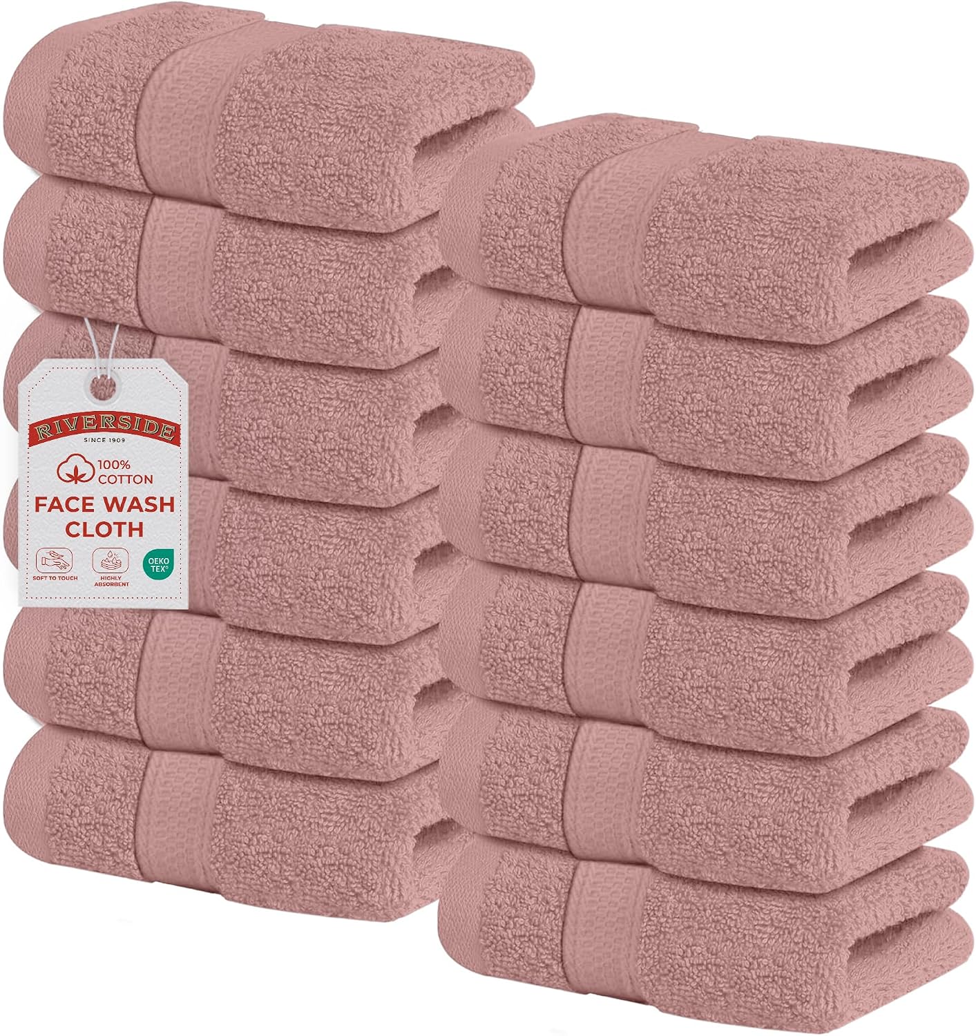 Riverside 12-Pack 100% Cotton Hunter Green Face Towels - Super Soft, Absorbent Washcloths for Bathroom, Spa & Gym | 12x12 Inches