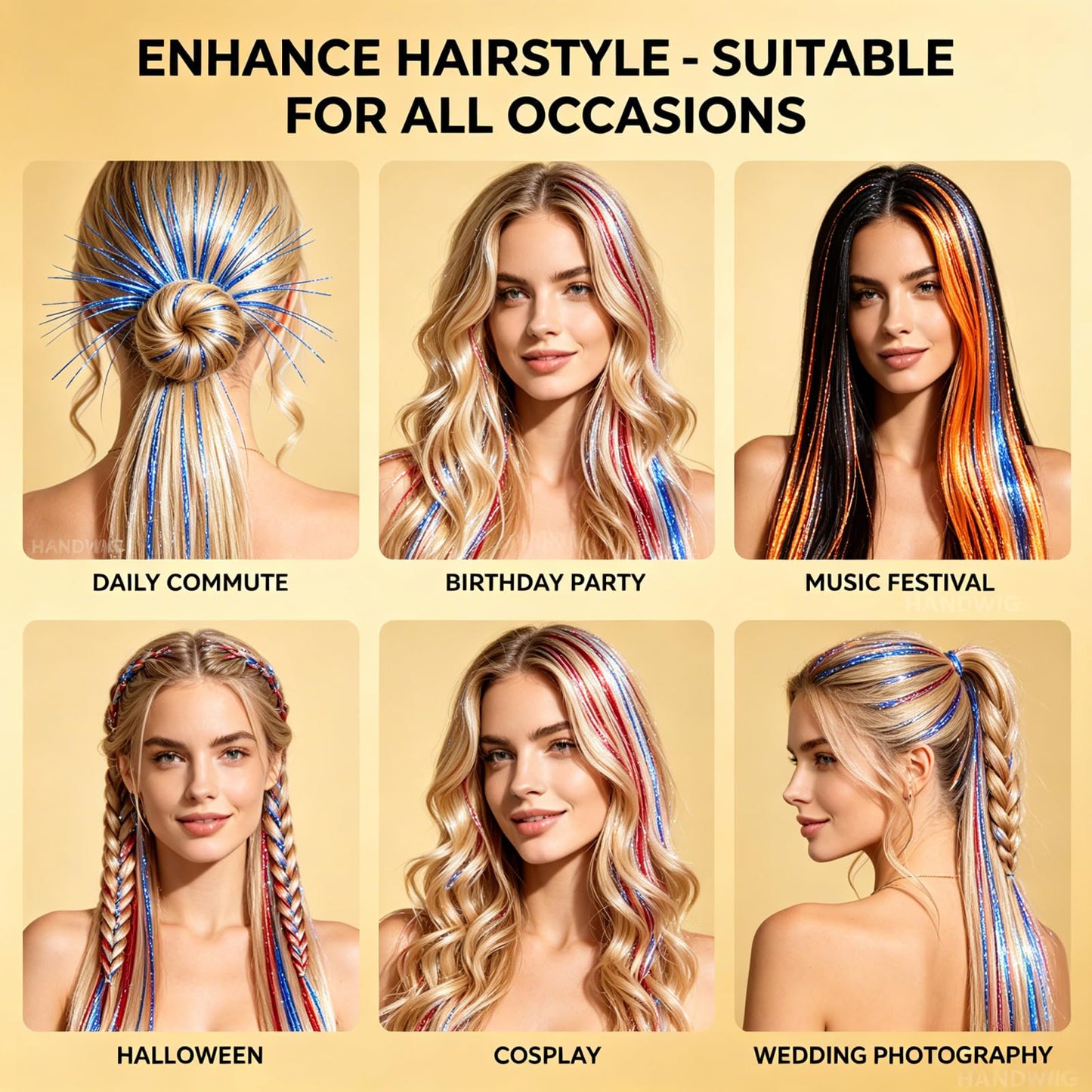 HandWig Hair Tinsel Kit 18 Colors 47 Inch Heat Resistant Reusable Stretchable Durable Shiny Hair Tinsel Strands for Women Girls Daily Wear Festival Party Cosplay Halloween Christmas Hair Accessories