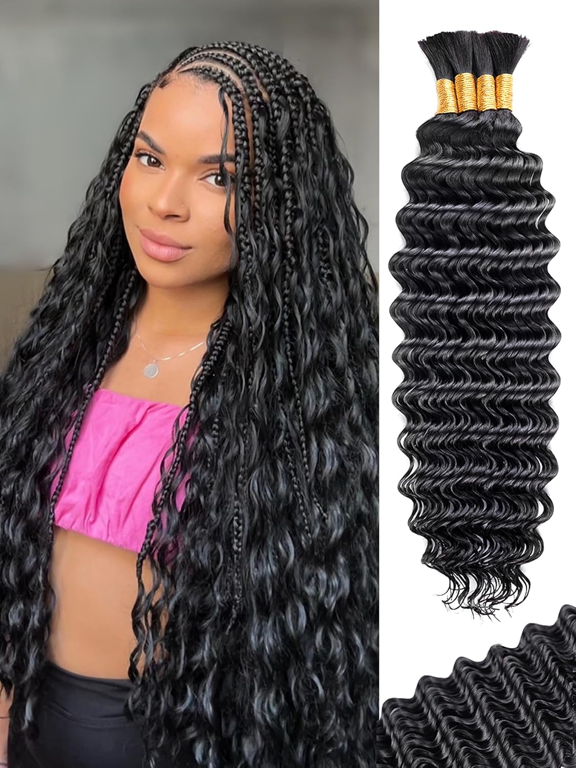 Human Braiding Hair - 18 Inch Deep Wave Bulk Extensions | 4 Bundles, No Weft, 10A Quality