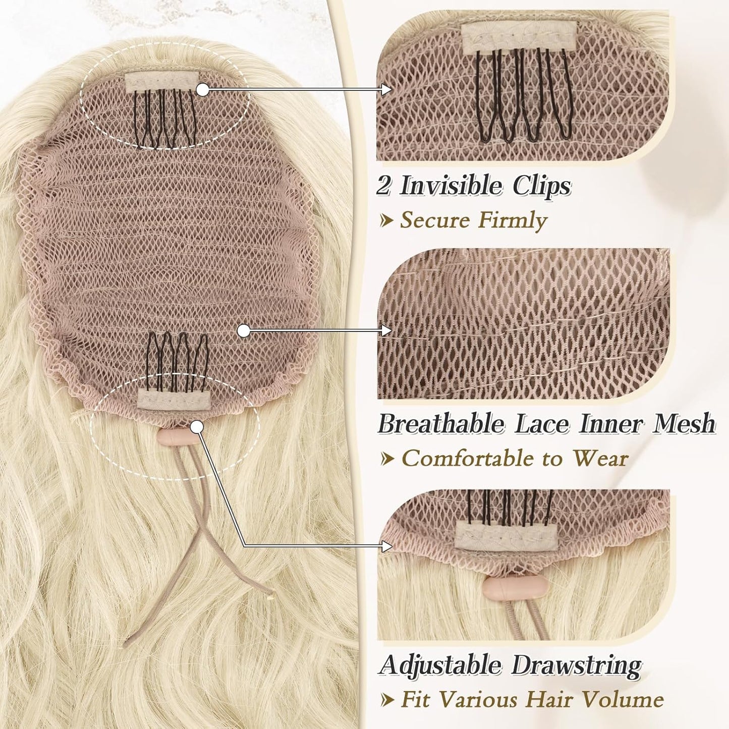 Blonde Ponytail Extension - 20 Inch Curly Wavy Drawstring Hairpiece | Platinum Blonde Synthetic Ponytail for Women