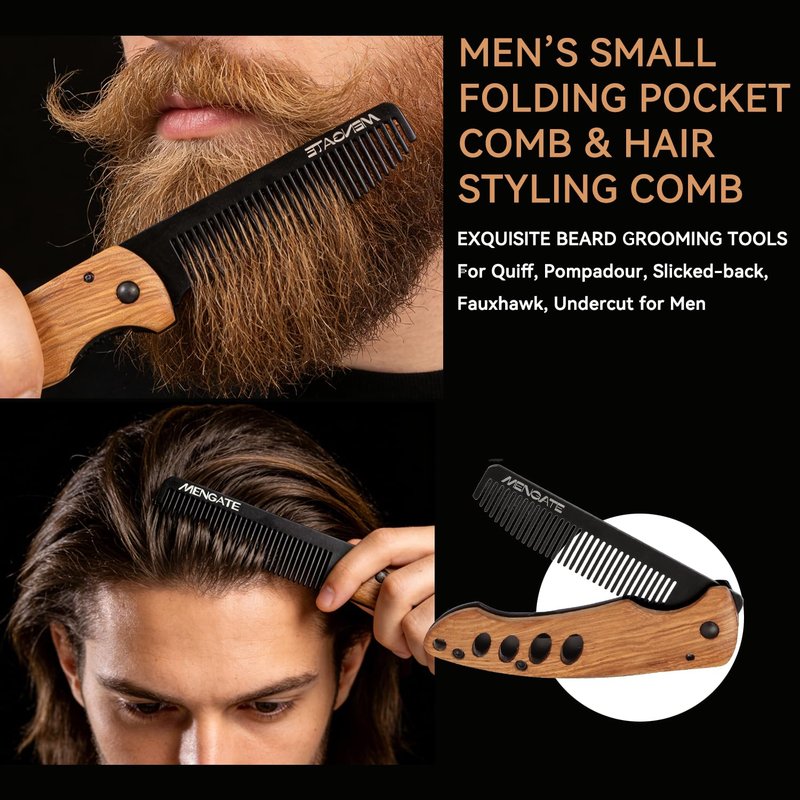 1PC Small Folding Pocket Beard & Mustache & Hair Styling Comb for Men - Metal Tactical Grooming Tool with Wooden Handle for Travel & Home Use - Idea for Stocking Stuffers - Length 6.57inch - Black