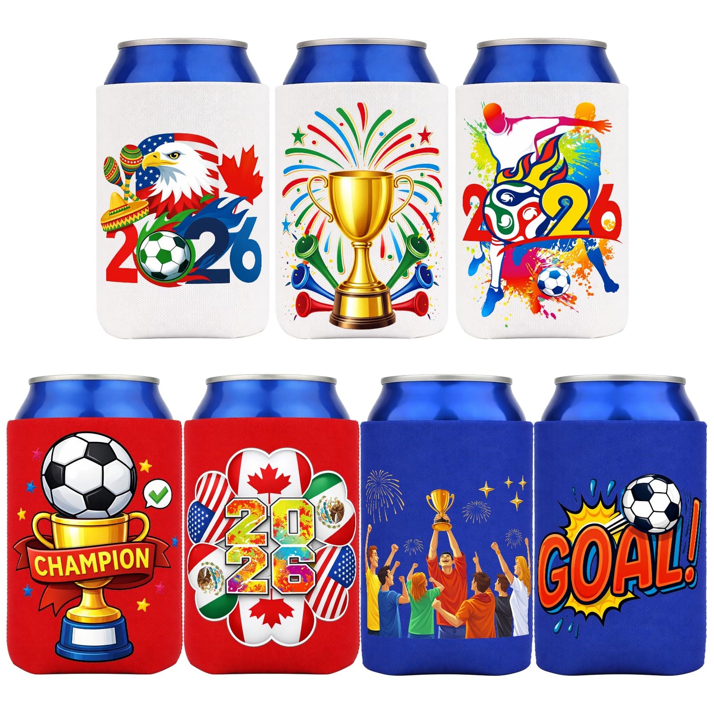 Soccer Sports Can Cooler 7 Pcs Reusable Neoprene Beer Sleeve Insulator Gifts for Soccer Fans, Football Watch Parties & Sports Events