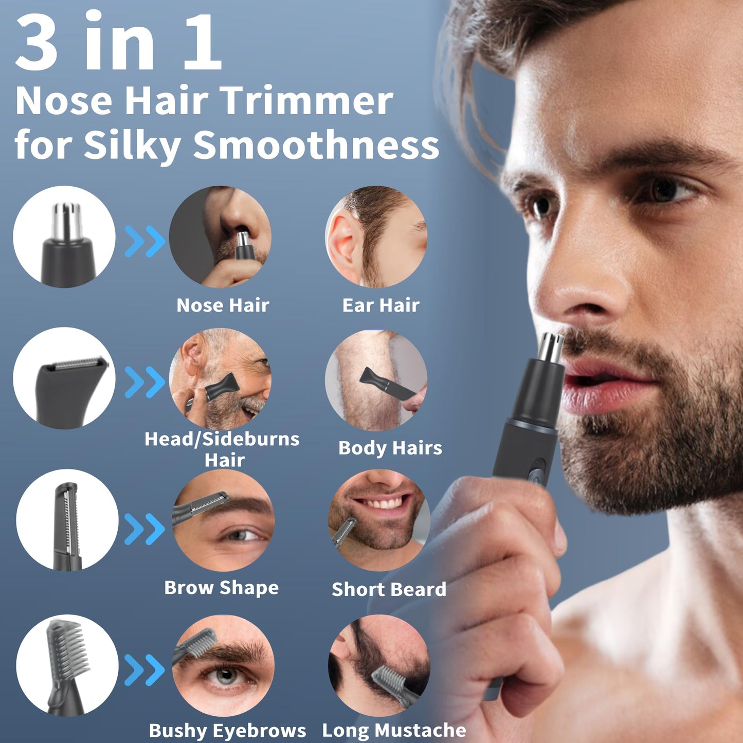 ULAIDO Nose Hair Trimmer for Men, Painless 3 in 1 Grooming Kit for Nose, Ear, Eyebrow & Body Hair, Rechargeable No Pull No Snag Trimming with 3 Waterproof Replacement Heads, Easy Cleansing