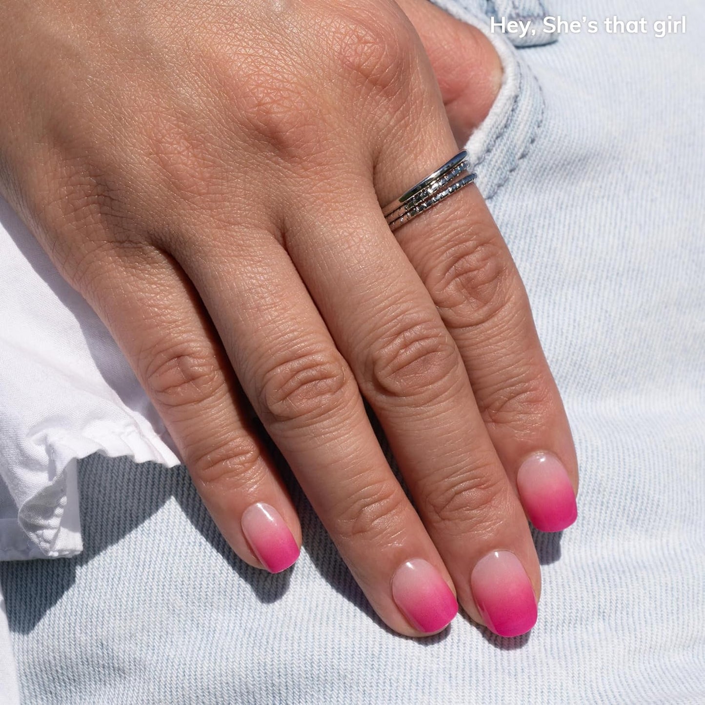 Gel Nail Strips - Semi-Cured Pink Ombre Design | Easy Apply & Remove | 28 Strips, Prep Pads, Nail File & Wooden Stick