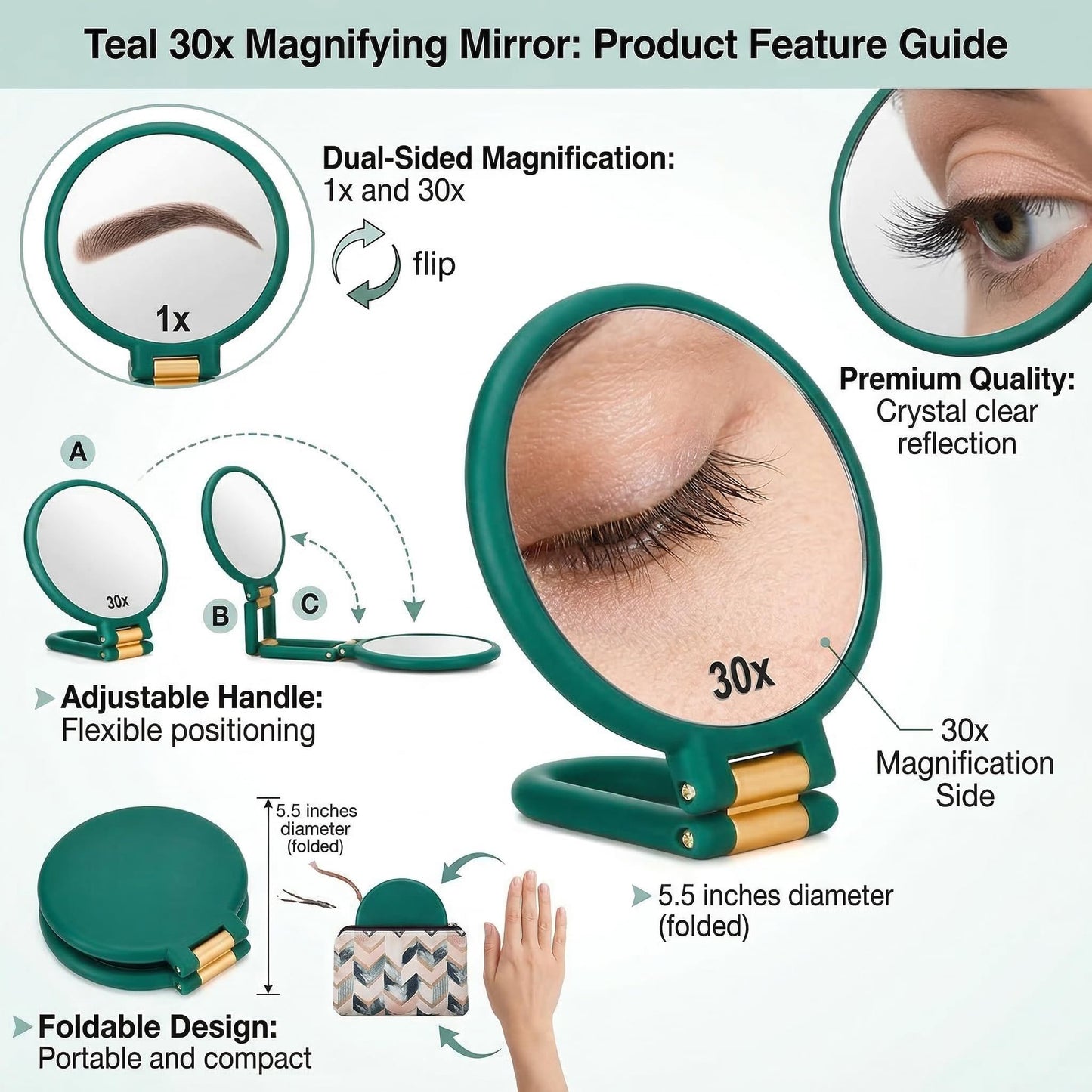 Magnifying Handheld Mirror Double Sided, 1X and 30X Magnification Hand Mirror, Travel Folding Hand Held Makeup Mirror with 360° Rotation Pedestal for Vanity, Dressing Table and Daily Use Green