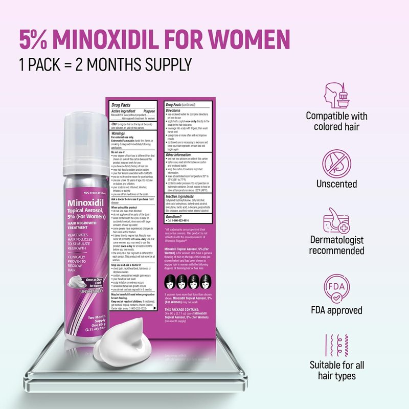 Minoxidil for Women - 5% Hair Regrowth Foam | Clinically Proven Treatment, 2.11 Oz (2-Month Supply)