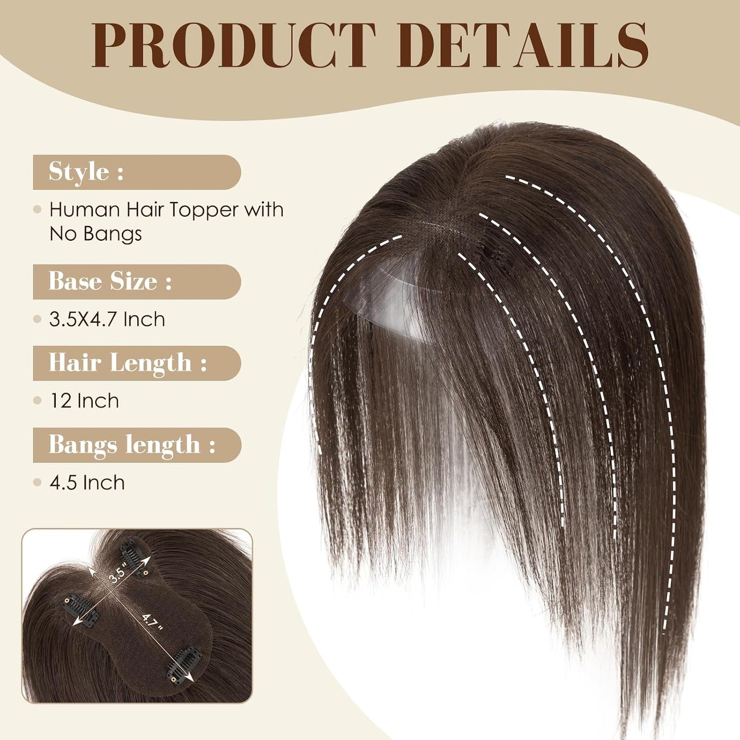 Dark Brown Human Hair Toppers for Women - 360° 3D Clip-In Short Hairpieces | 12 Inch