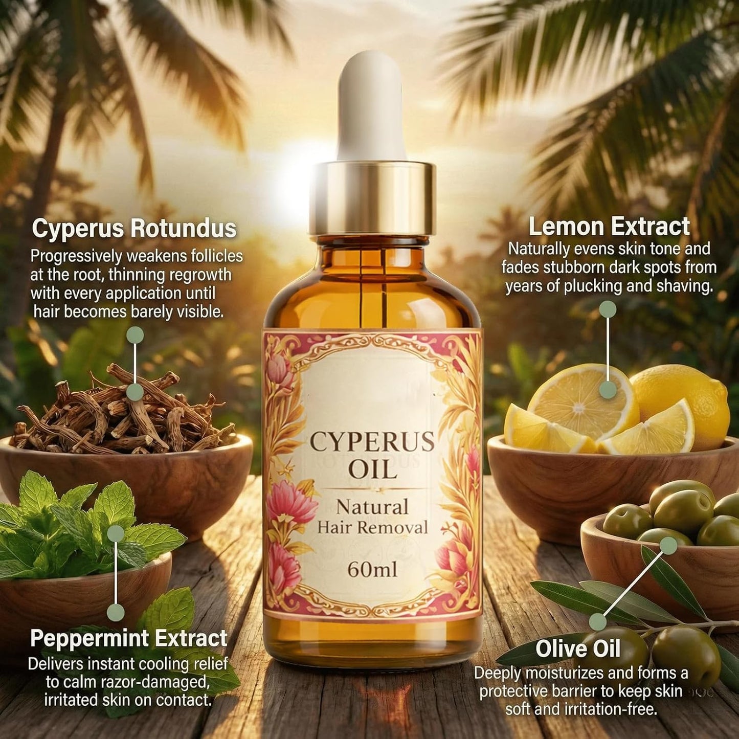 Cyperus Rotundus Oil Hair Removal Serum - Moisturizing & Soothing Herbal Formula for All Skin Types | Peppermint Infused