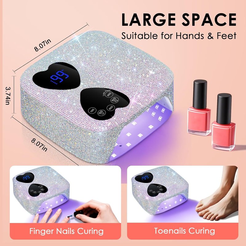 HUITINE UV LED Nail Lamp - Cordless 80W Rechargeable Gel Light Dryer with 5 Timers & Mirror Base | Sparkling Rhinestones Design