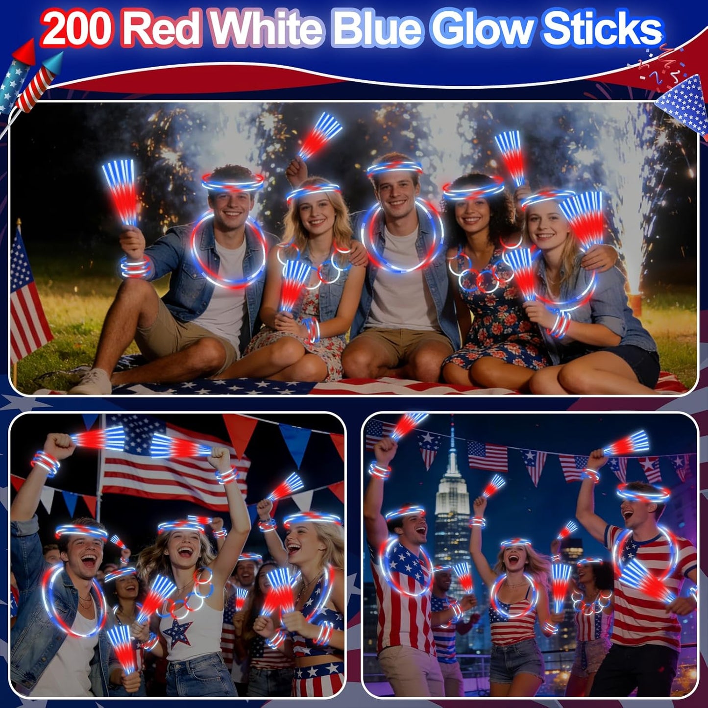 Glow Sticks for 4th of July | 200 Pcs Neon Party Favors with Connectors - Red, White, Blue Bracelets & Necklaces