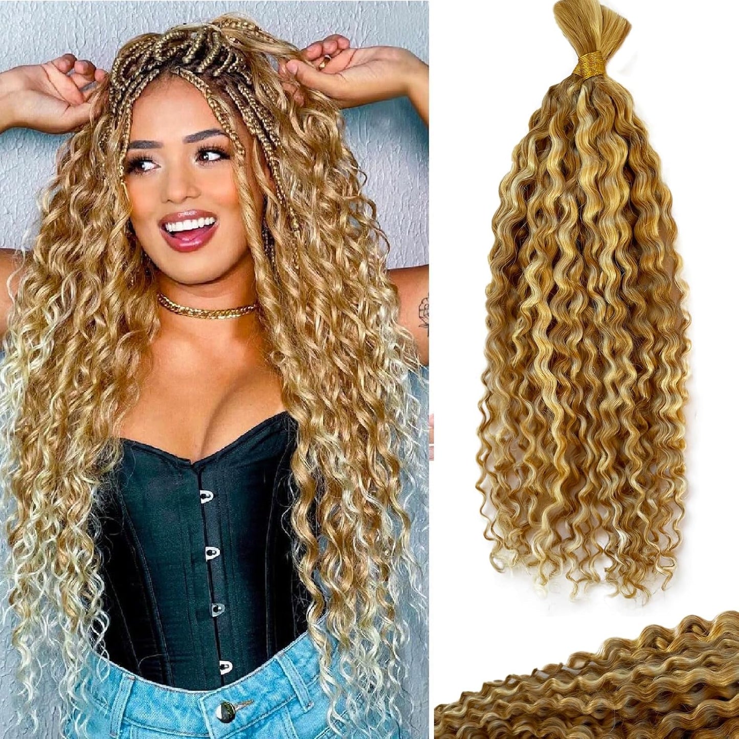Braiding Human Hair Water Wave - 2 Bundles 100g Ombre Curly Extensions | 14 Inch Black/Brown Highlights