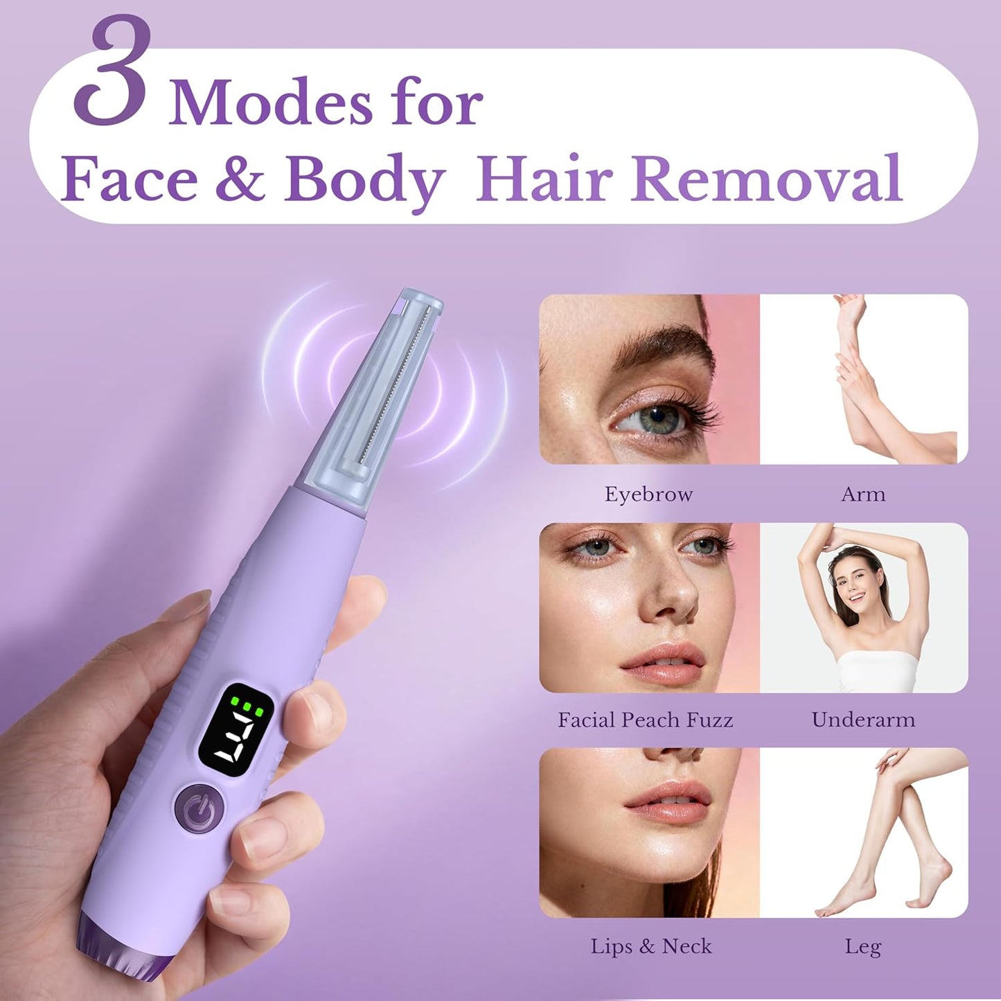 Sonic Dermaplaning Tool - Facial Exfoliation & Peach Fuzz Removal | 12 Blades, 3 Speeds, Purple
