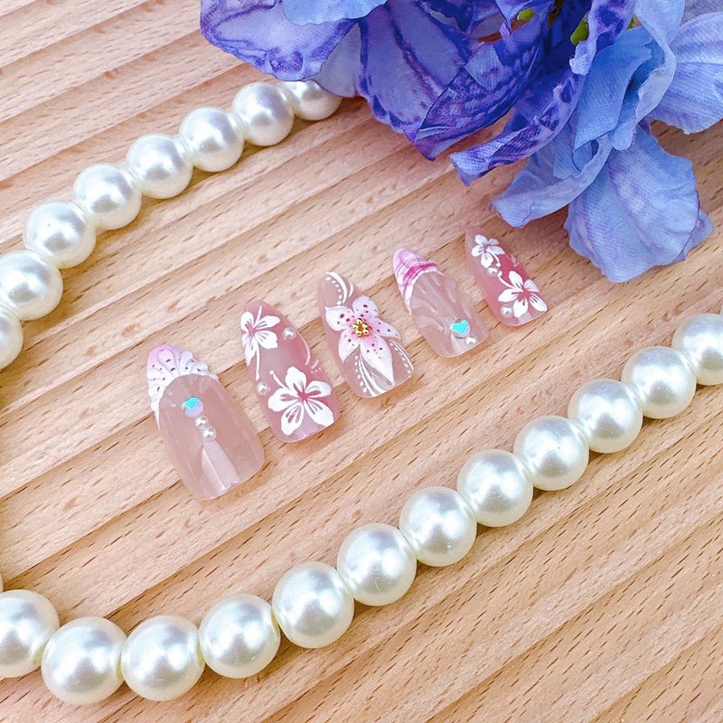 Press On Nails - 24 Pcs Pink French Tip with Pearl Rhinestones | Summer Beach Acrylic Floral Design