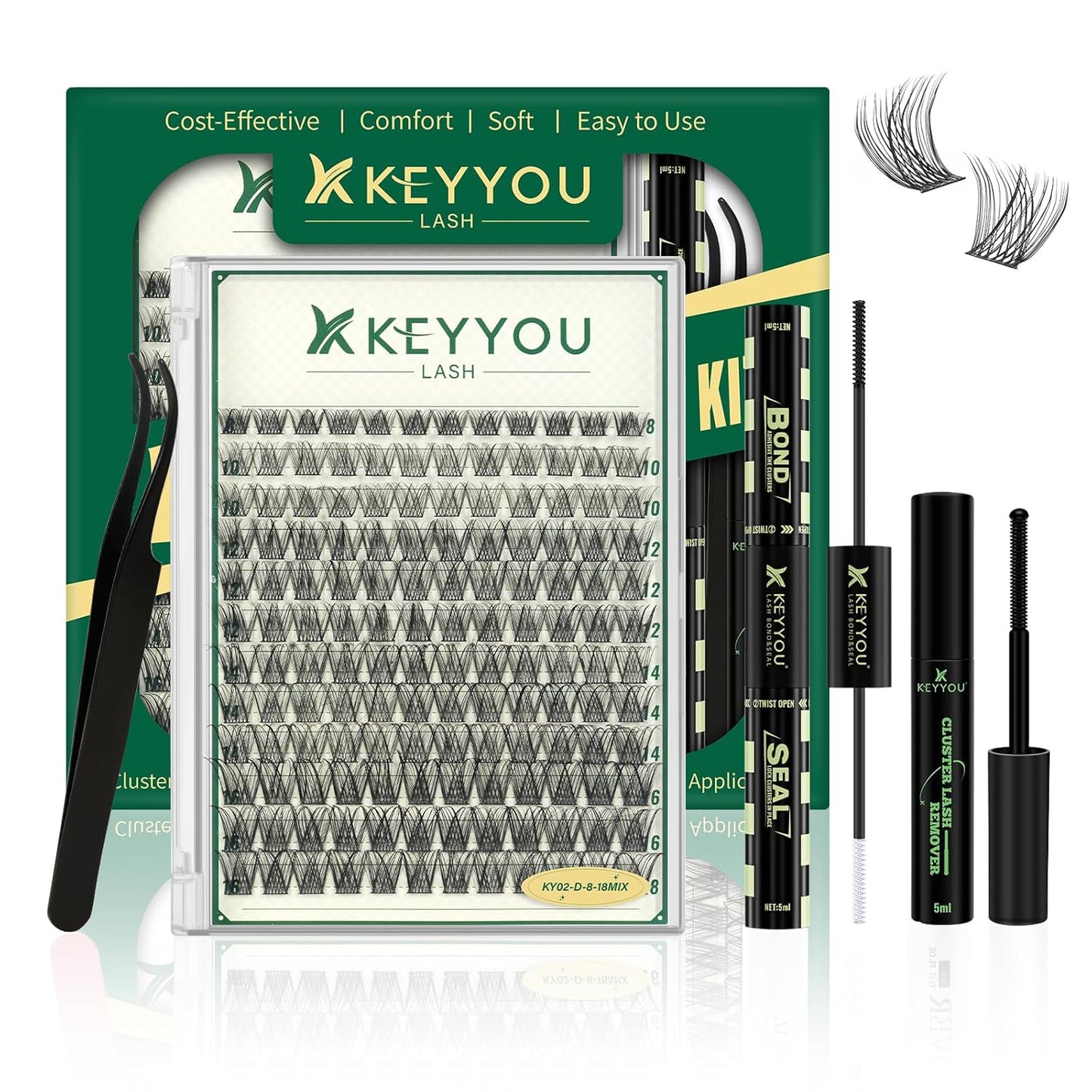 KEYYOU 3D Eyelash Clusters - 280pcs Wispy Volume Lashes | 80D D Curl, 9-18mm Mix