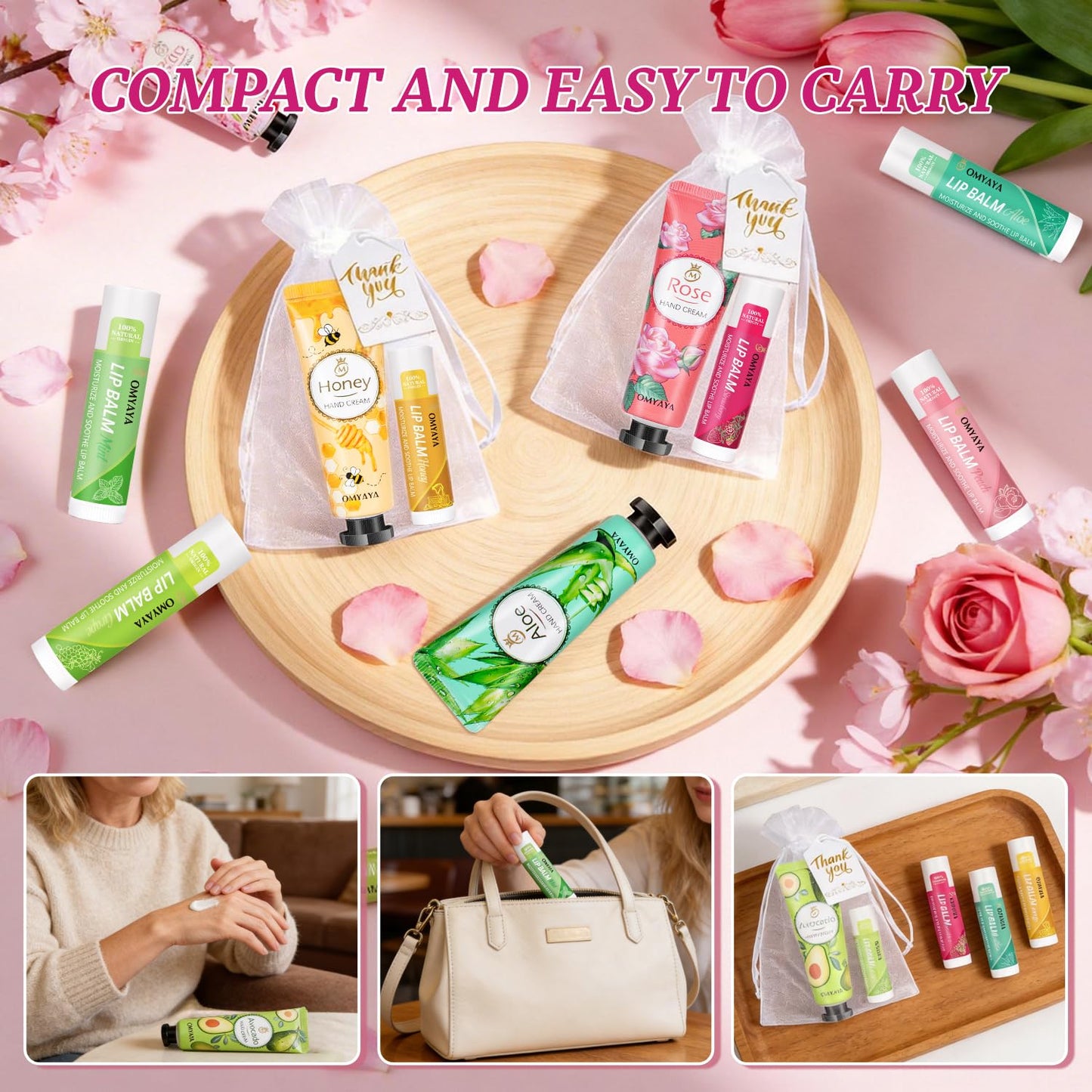 Bulk Gifts For Women, Lip Balm Bulk and Hand Cream Gift Set with Thank You Card Organza Bag, Teacher Appreciation Gifts, Women Nurse Gift, Party Favors For Bridal Wedding, Spa Party Supplies