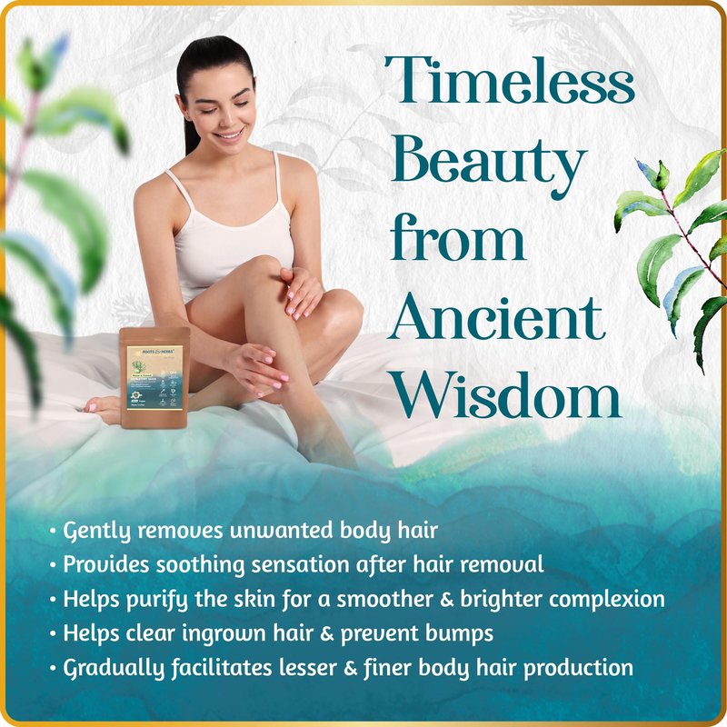 ROOTS AND HERBS Neem and Fennel Depilatory Mask - Vegan Hair Removal for Sensitive Skin: Facial, Pubic, Bikini, Leg - Organic Powder Waxing