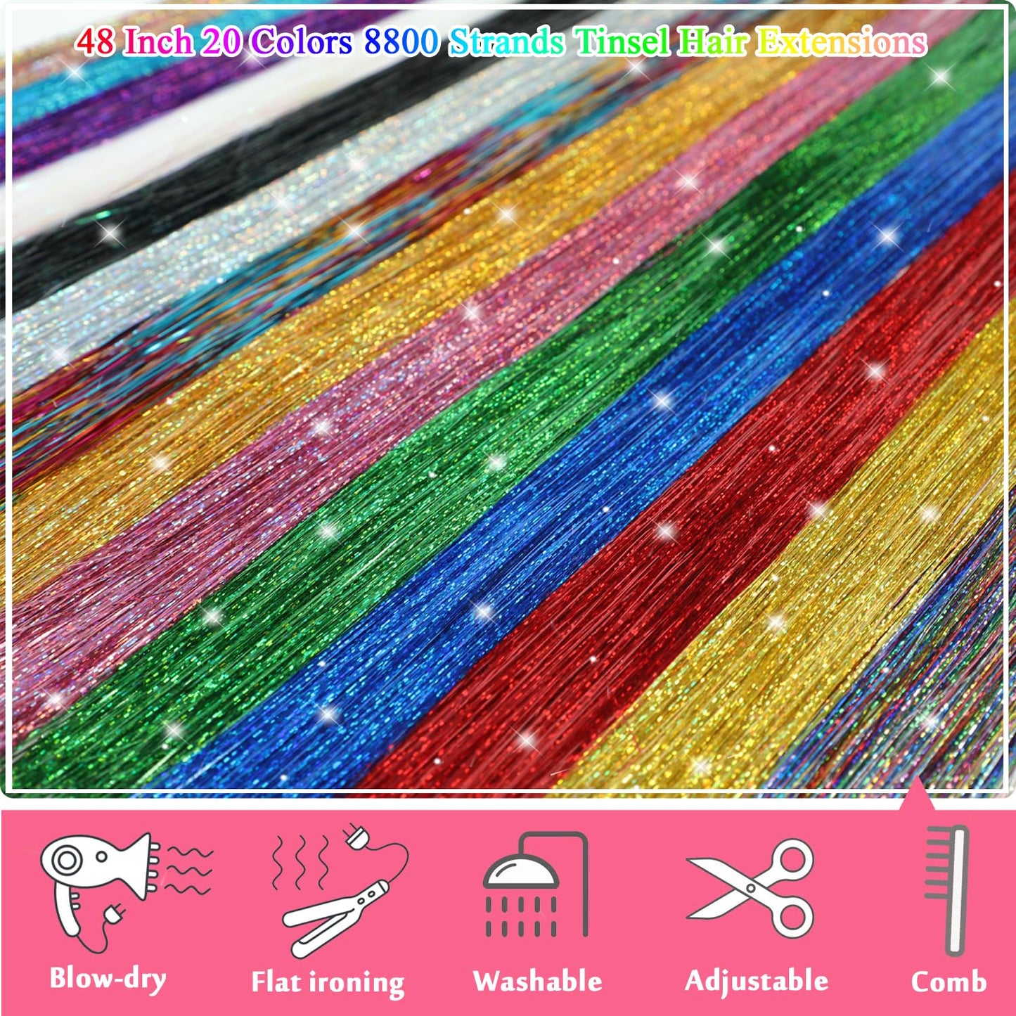 Hair Tinsel - 20 Color Sparkling Hair Extensions | 48-Inch Heat-Resistant Glitter Strands for Party & Festival