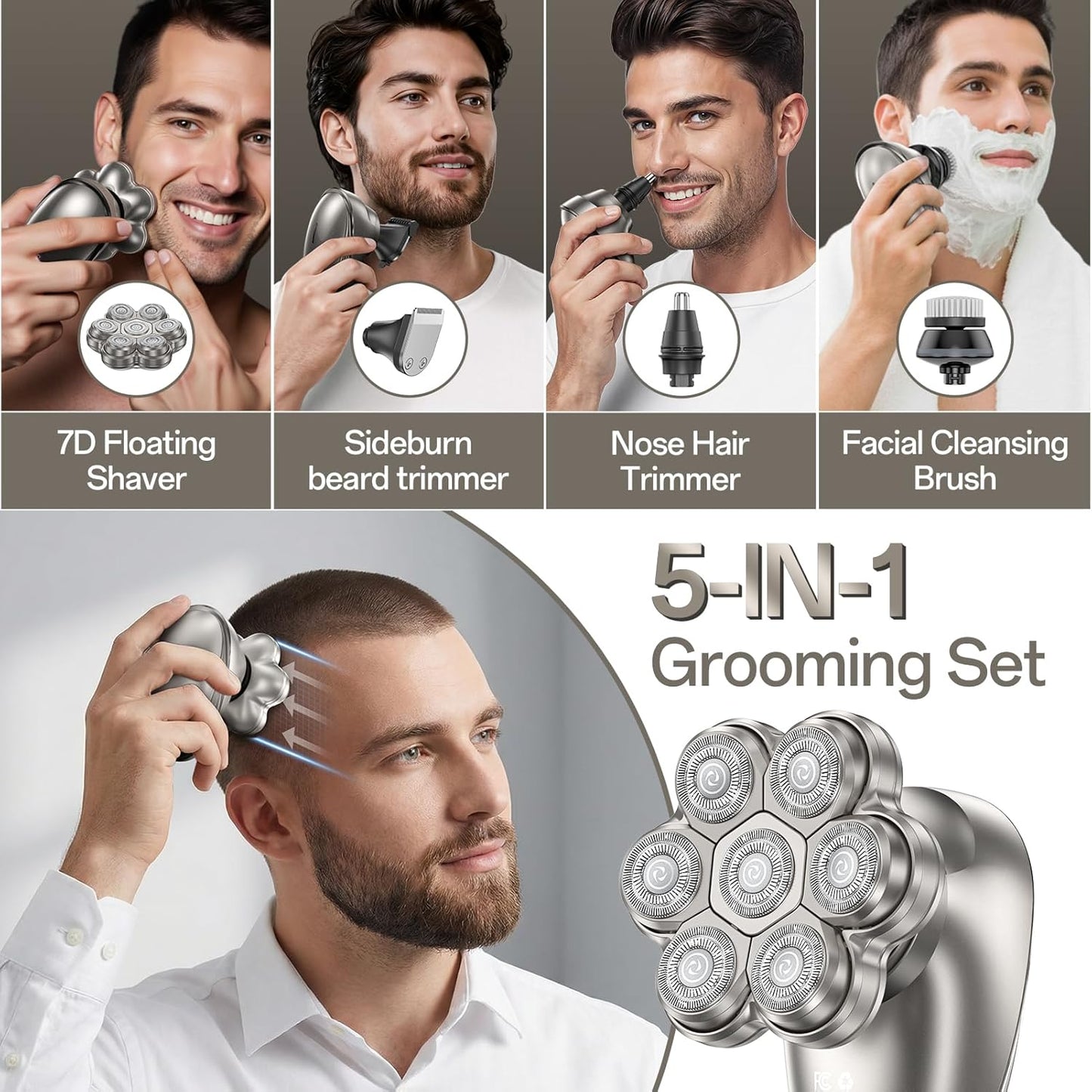 Electric Head Shaver for Bald Men - 7D Magnetic Waterproof Razor | 5-in-1 Grooming Kit (Gray)