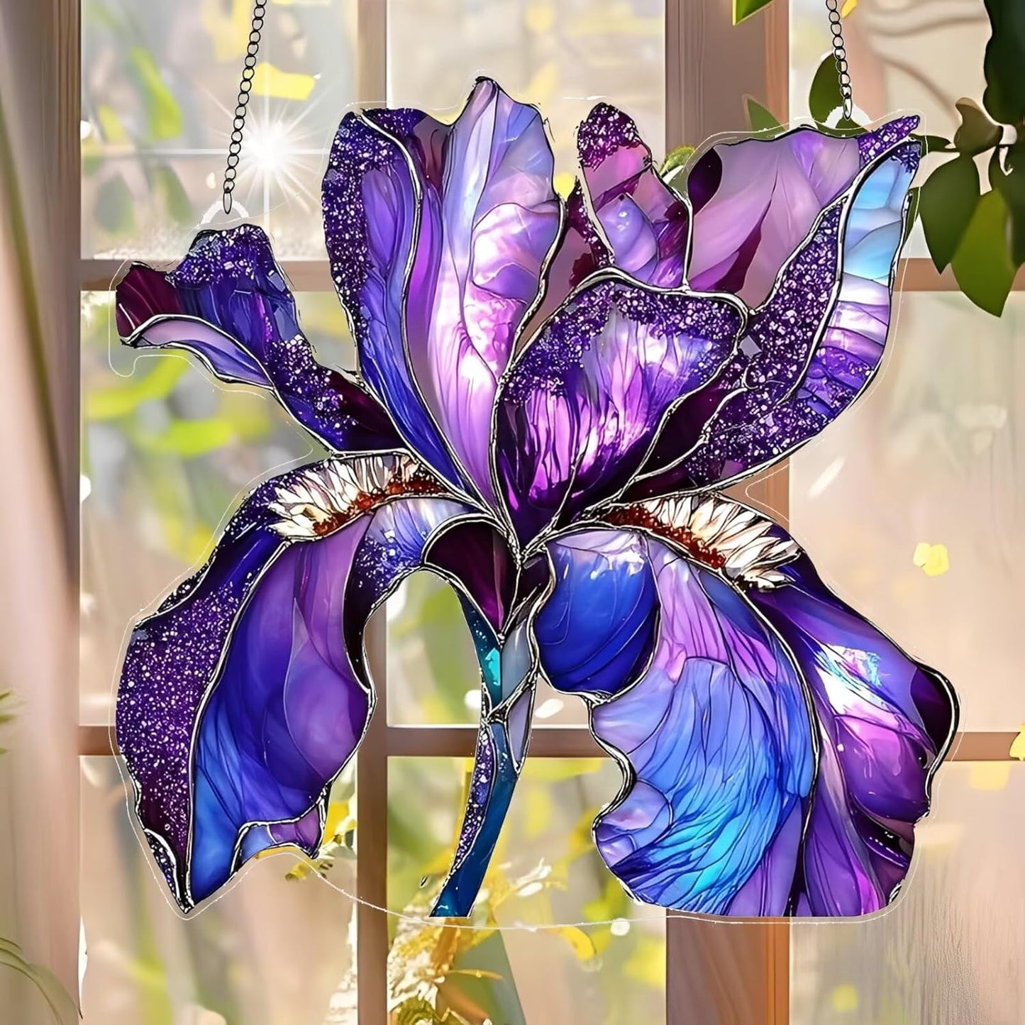 Purple Iris Acrylic Suncatcher - 7.08 Inch Stained Glass Style Window Decor | Rainbow Maker Wall Art & Garden Ornament