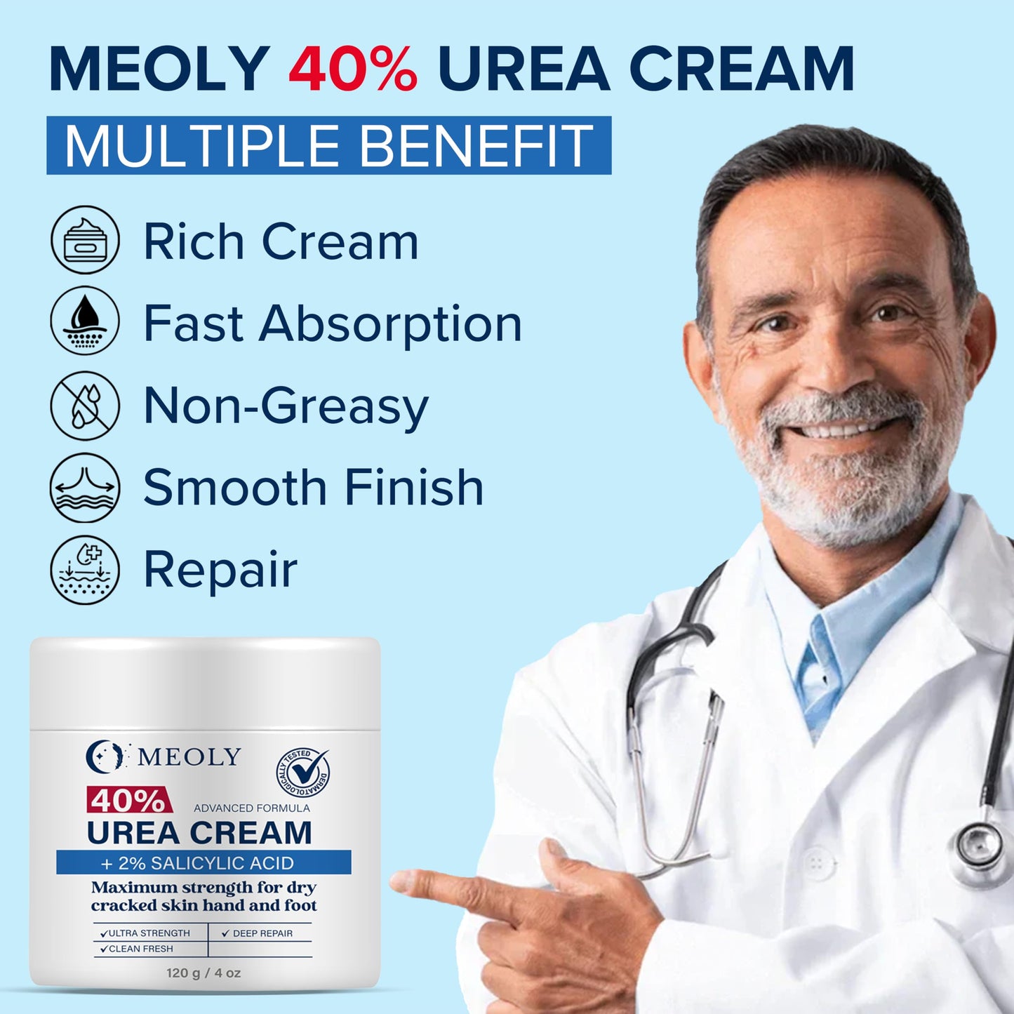 MEOLY 40% Urea Cream for Foot with 2% Salicylic Acid for Dry Cracked Skin Hand and Foot, Maximum Strength, 4 oz