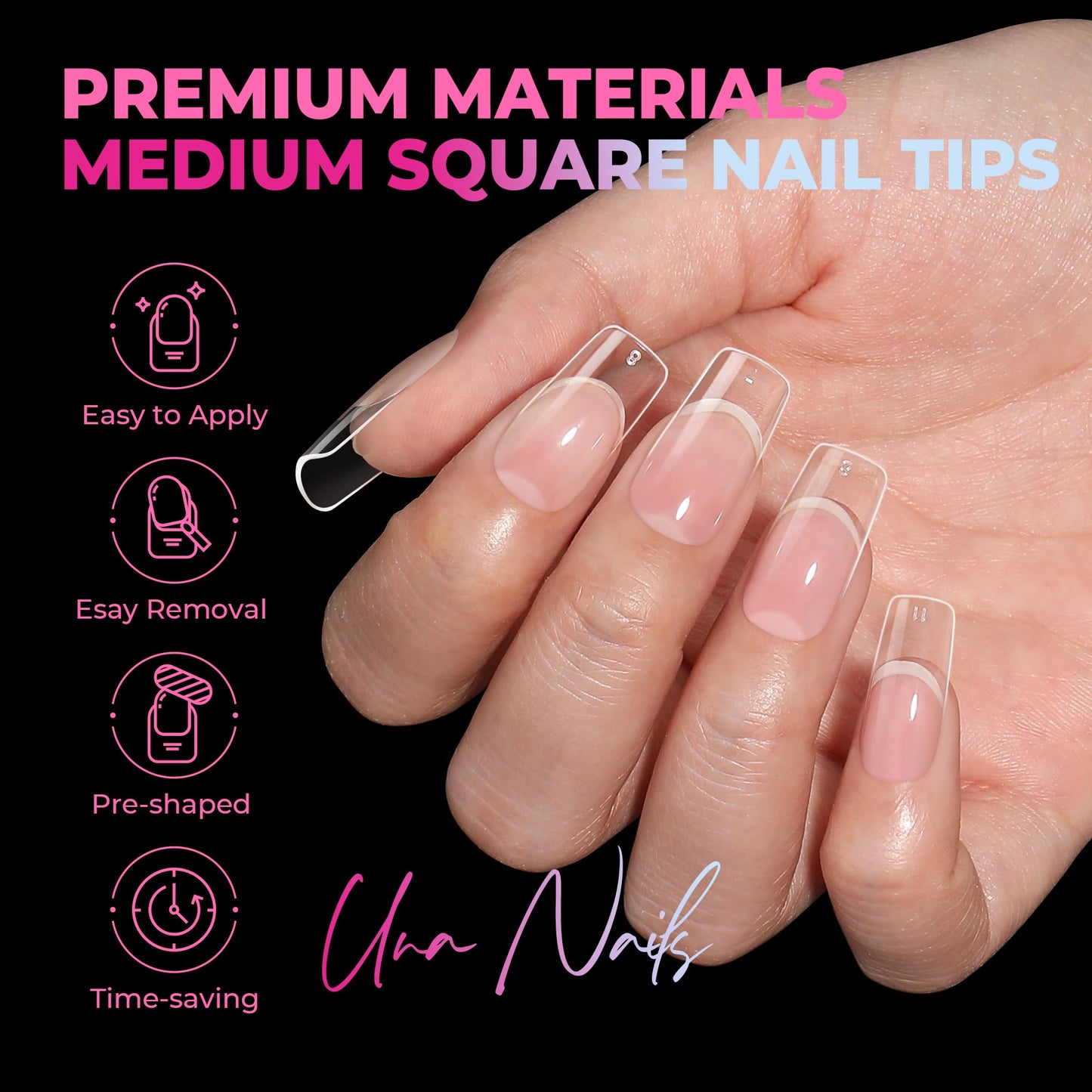 UNA GELLA Square Nail Tips 510Pcs 15 Sizes - No File Needed Pre-Buffed Medium Square Soft Gel Fake Nail Tips Clear Full Cover False Nails Soak Off Acrylic Nail Extensions for DIY Nail Art Salon