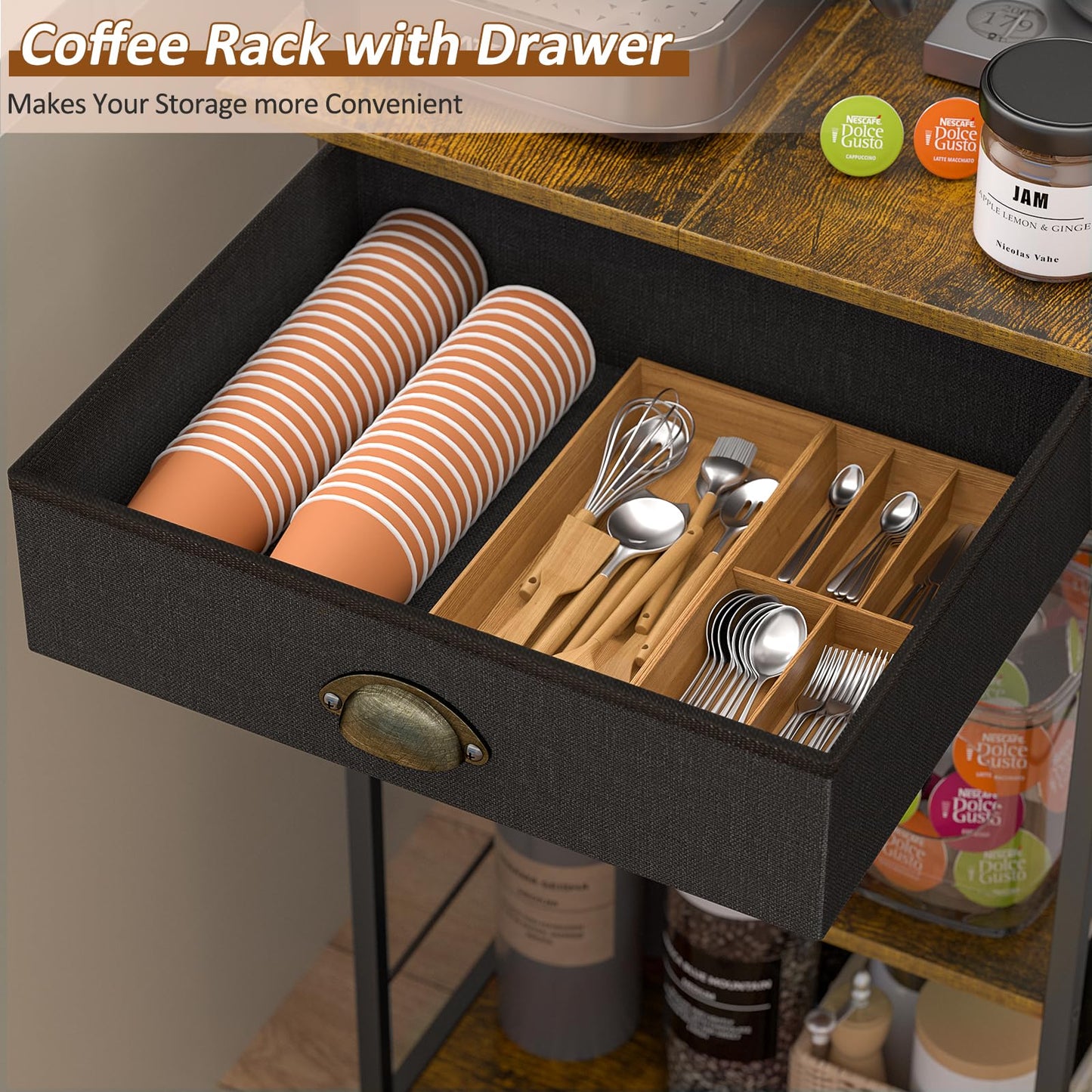 5 Tier Coffee Bar Station with Drawer, Kitchen Stand with 4 S-Shaped Hooks, Farmhouse Corner Coffee Bar Cabinet for Small Spaces, Bakers Rack for Kitchen, Living Room, 13.43" D x 18.93" W x 53.31" H