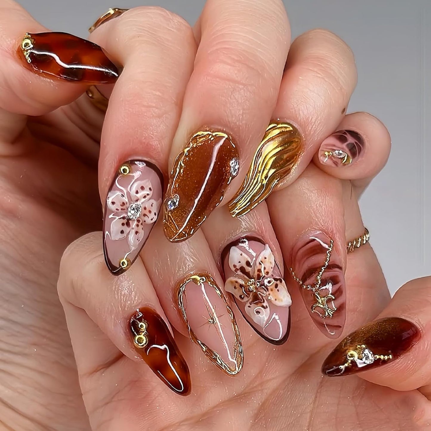 Almond Press-On Nails - Ombre French Tip with Butterfly Designs | 24 Pcs Set for Women
