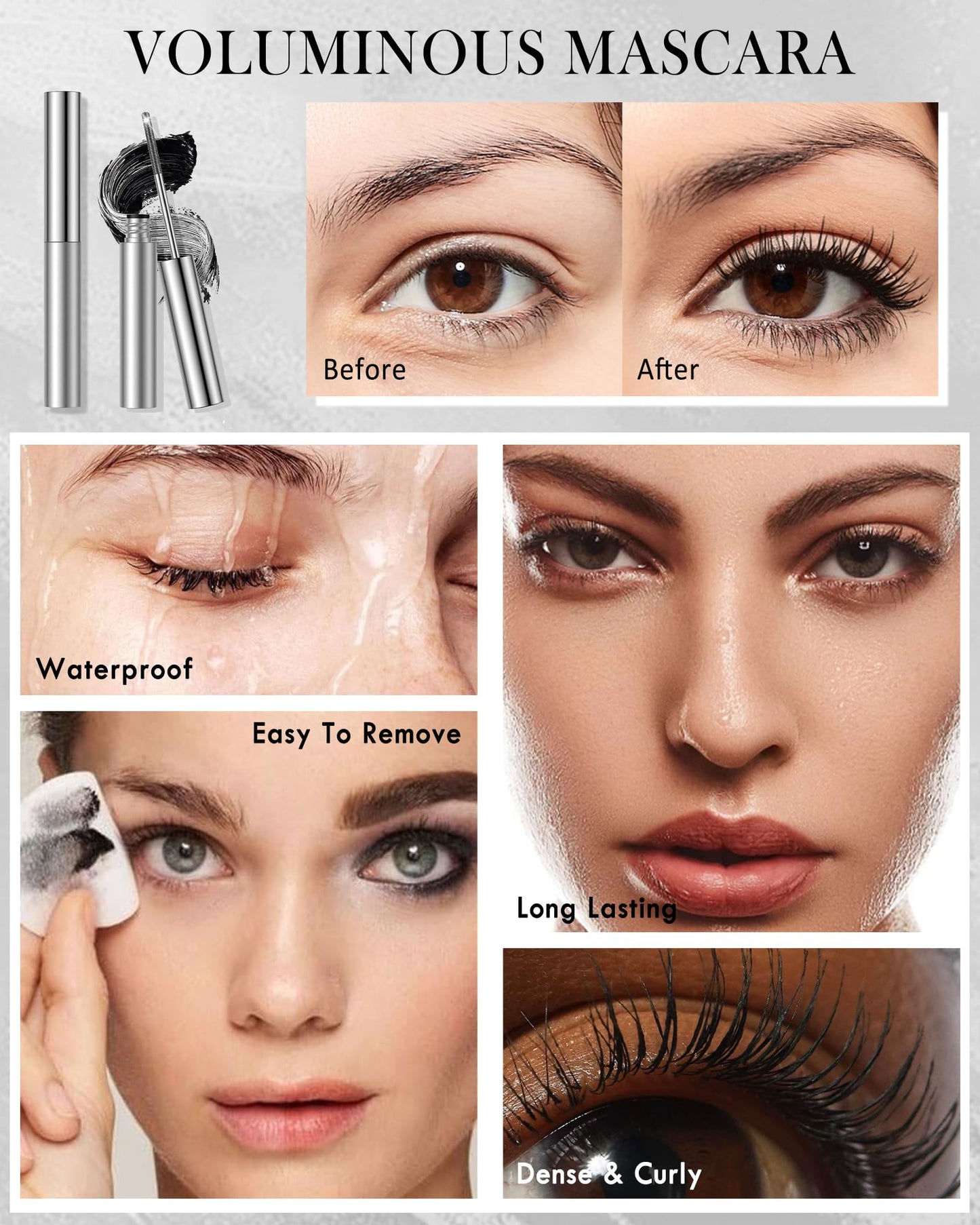Washable Metal Rod Mascara, Black Waterproof Tube Mascara Volume and Length,3D Skinny Curling Iron Wand,Long Lasting Smudge-Proof Non Clumping Lengthening Fiber Lash Máscara Makeup for Women