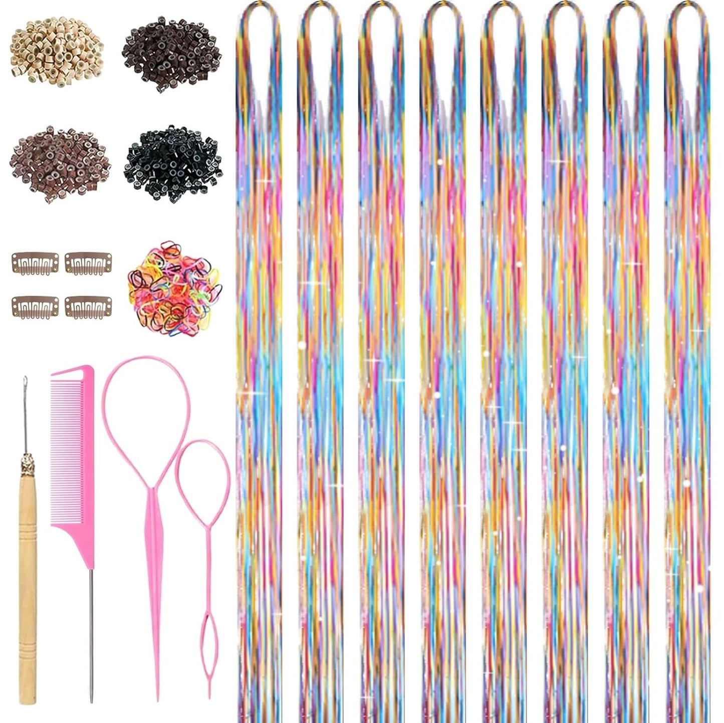 Silver Hair Tinsel Kit - 8 Pcs 48-Inch Glitter Hair Extensions for Girls & Women | Perfect for Parties & Festivals