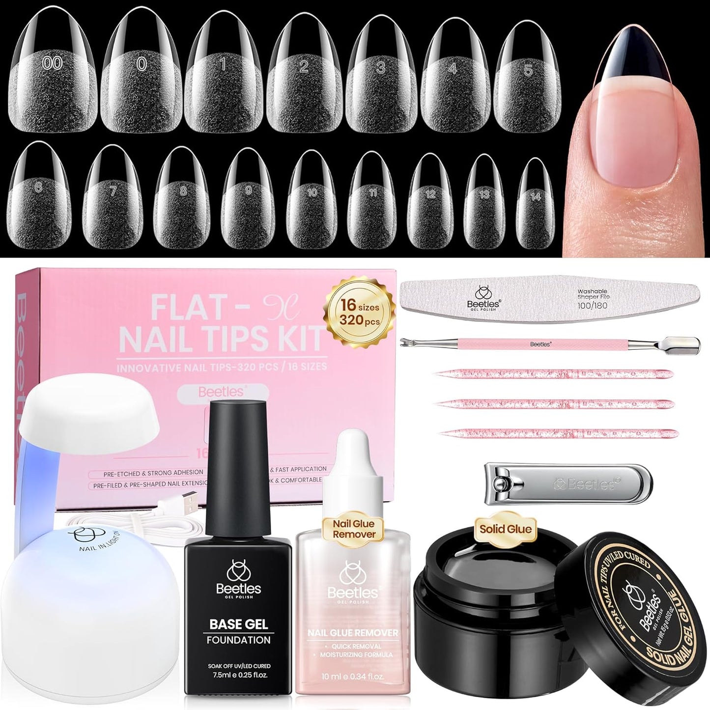 Beetles Gel Nail Kit - Almond Short 320pcs Nail Tips, Solid Glue & Mini Lamp | DIY Acrylic Press-On Set