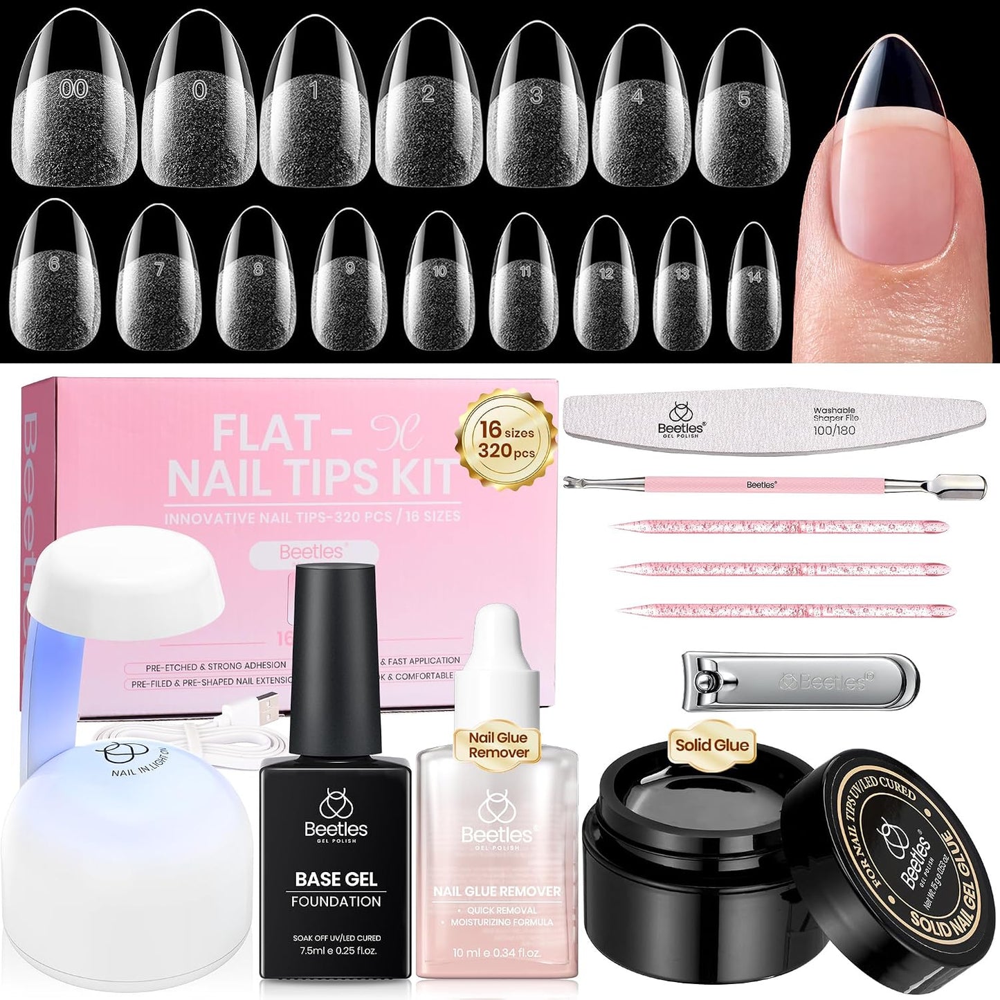 Beetles Gel Nail Kit - Almond Medium 320pcs Nail Tips & Mini Lamp | DIY Acrylic Press-On Nails at Home