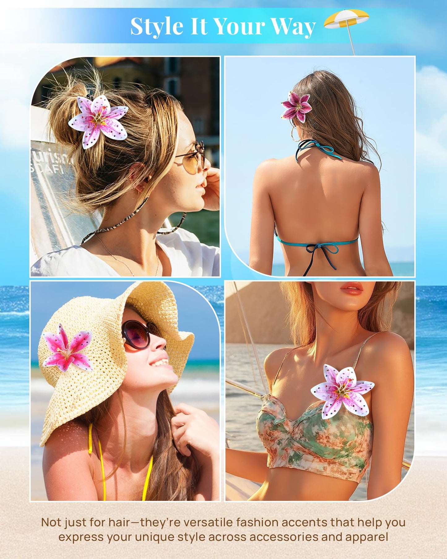 Mesovor 3 Pack Hawaiian Flower Hair Clips, Artificial Tropical Flower Orchid Hair Pin | Rhinestone Hairpins Hair Accessories for Wedding Bridal Beach Party (Pink Lily)