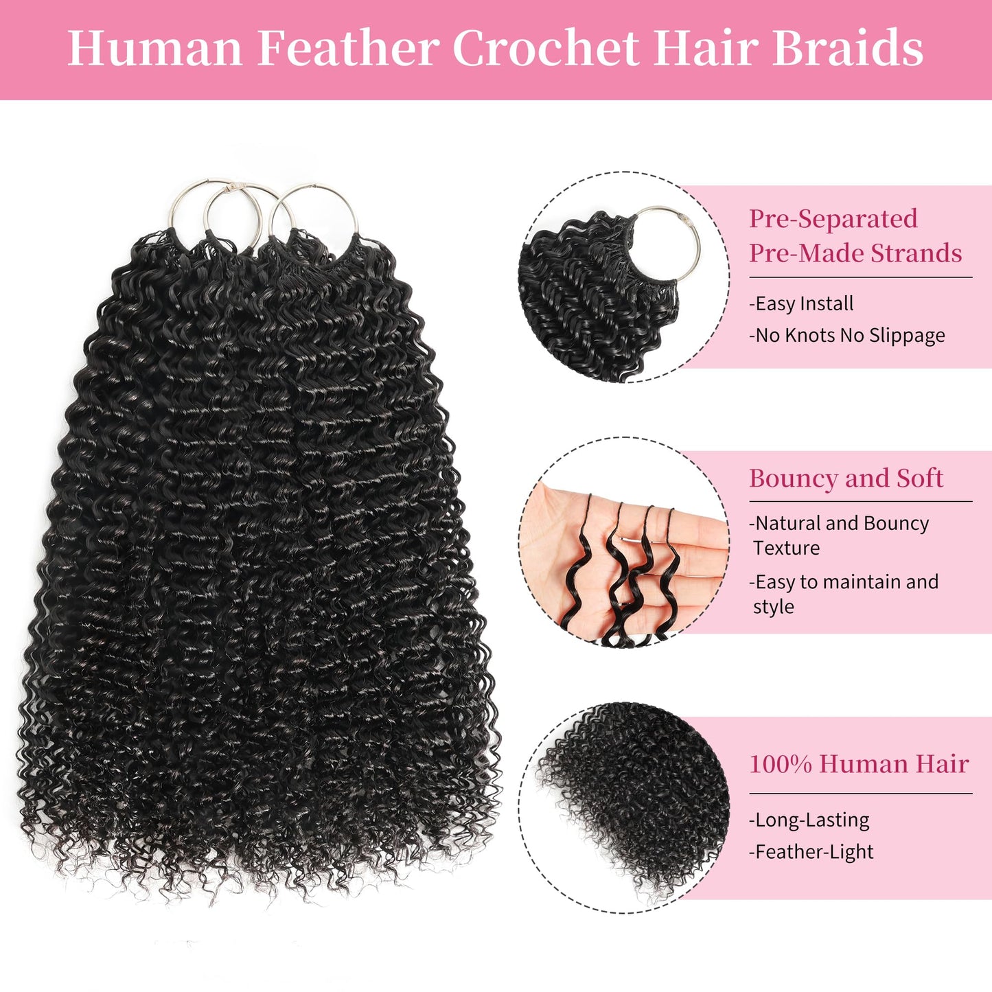 Feather Crochet Human Hair 18 Inch 180g Invisible Miracle Knots Crochet Hair for Black Women Knotless pre Separated Human Hair Extensions Jerry Curly Crochet Bundles for Boho Braids