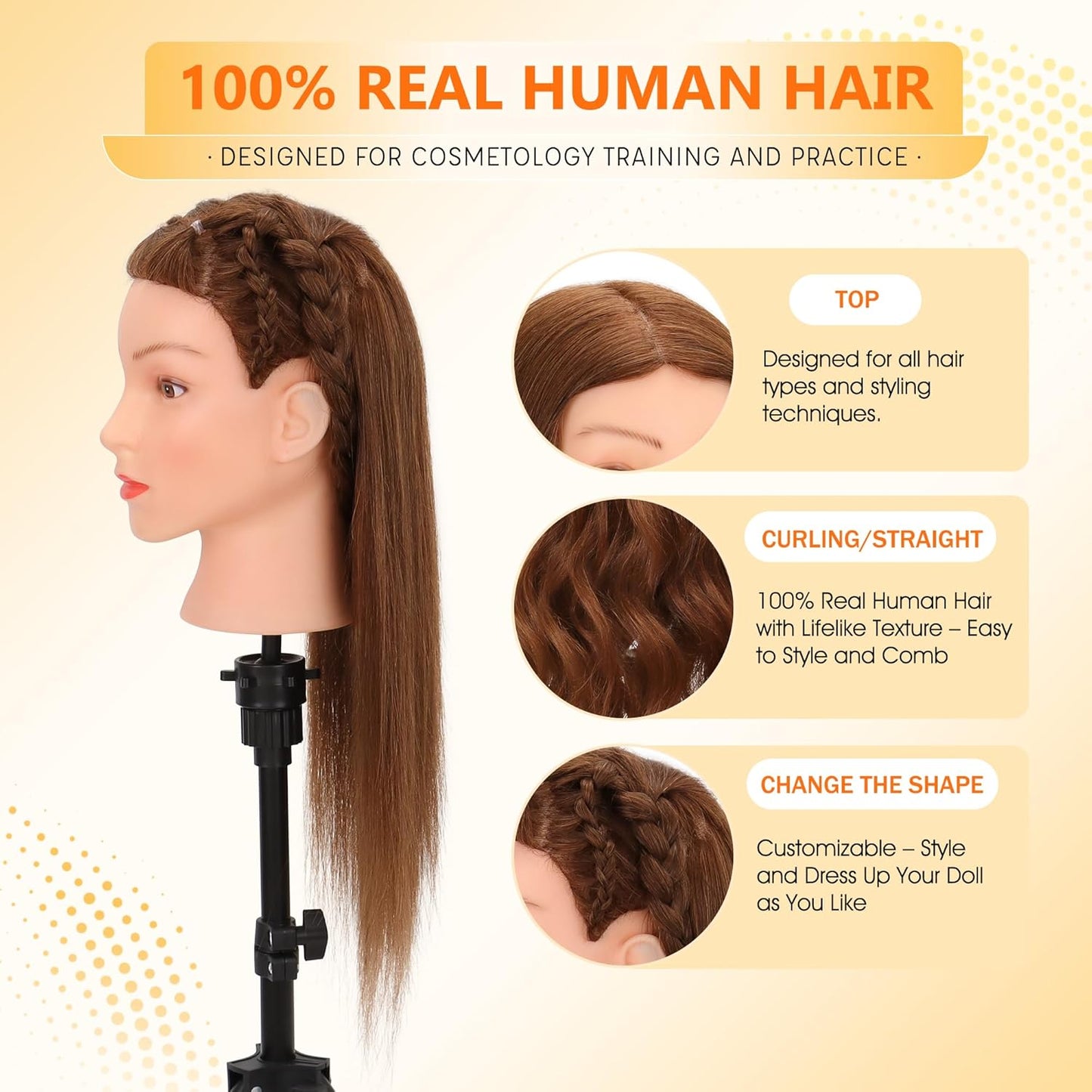 Real Human Hair Mannequin Head - Cosmetology Training Doll for Hair Styling, Cutting & Braiding | Dark Brown