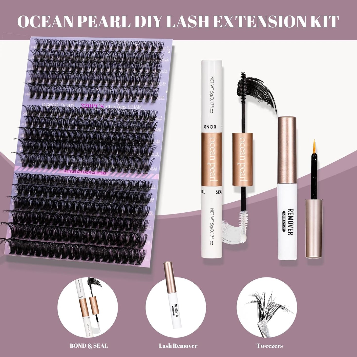 Ocean Pearl Lash Clusters - 320 Pcs 11-20mm Eyelash Extension Kit | 40D, 50D, 100D with Adhesive & Tweezers