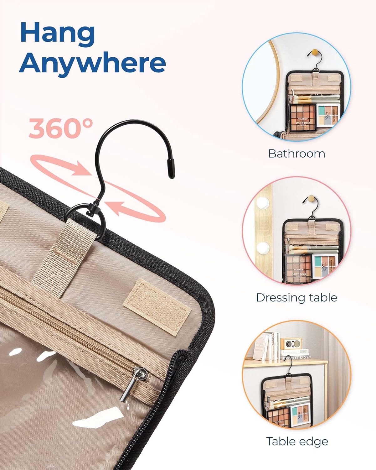 Makeup Bag for Women - Portable Hanging Hook Cosmetic Organizer | Large Capacity Travel Case in Black