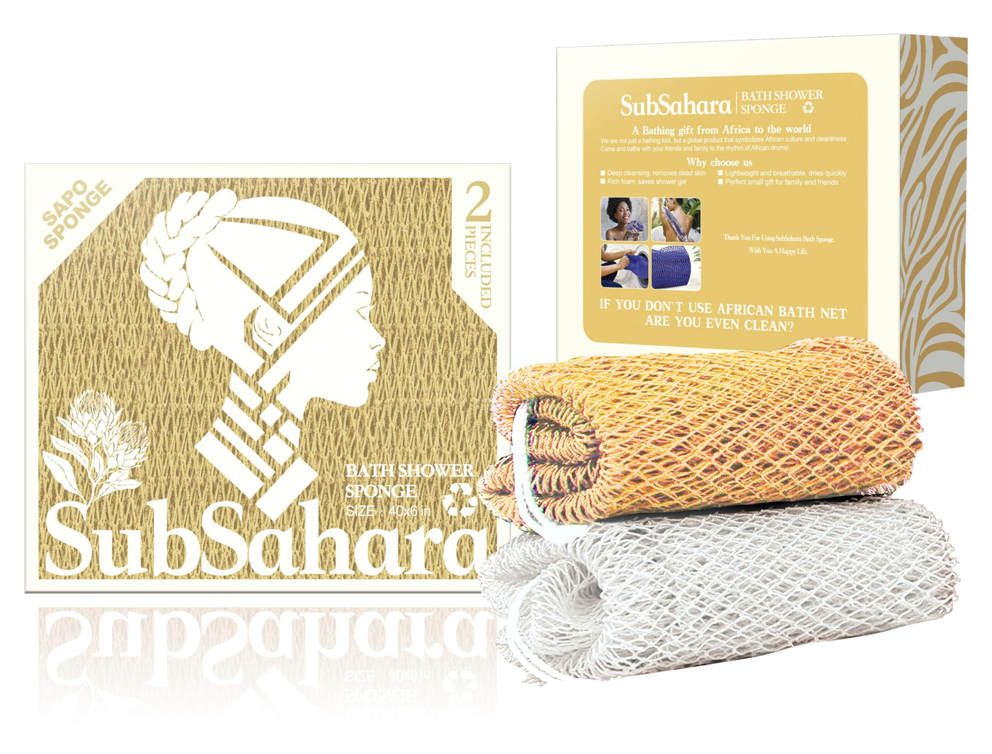 SubSahara Authentic African Net Sponge - 2 Pack Exfoliating Bath & Shower Loofah Sponge for Body & Face, Gentle Scrubber for All Skin Types, Travel, Durable