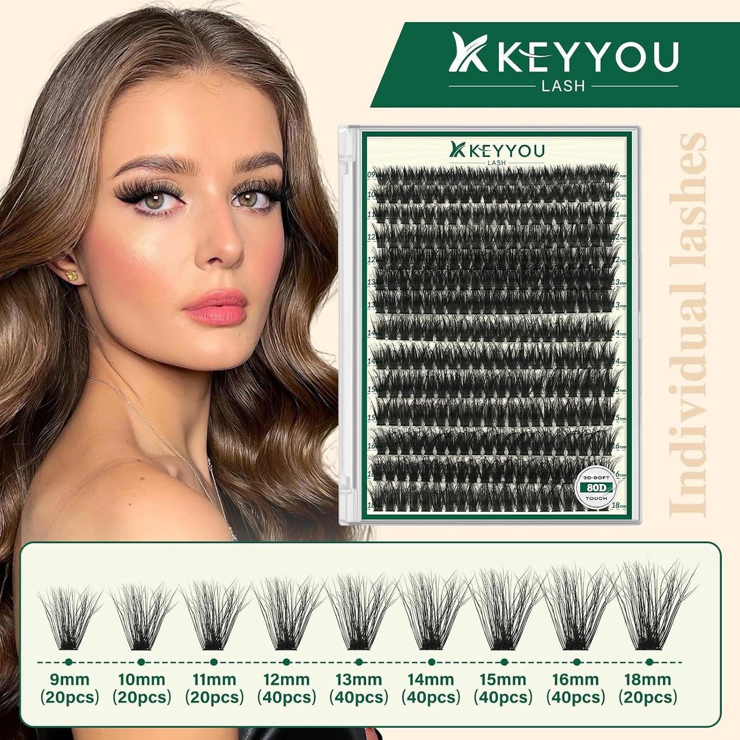 KEYYOU 3D Eyelash Clusters - 280pcs Wispy Volume Lashes | 80D D Curl, 9-18mm Mix