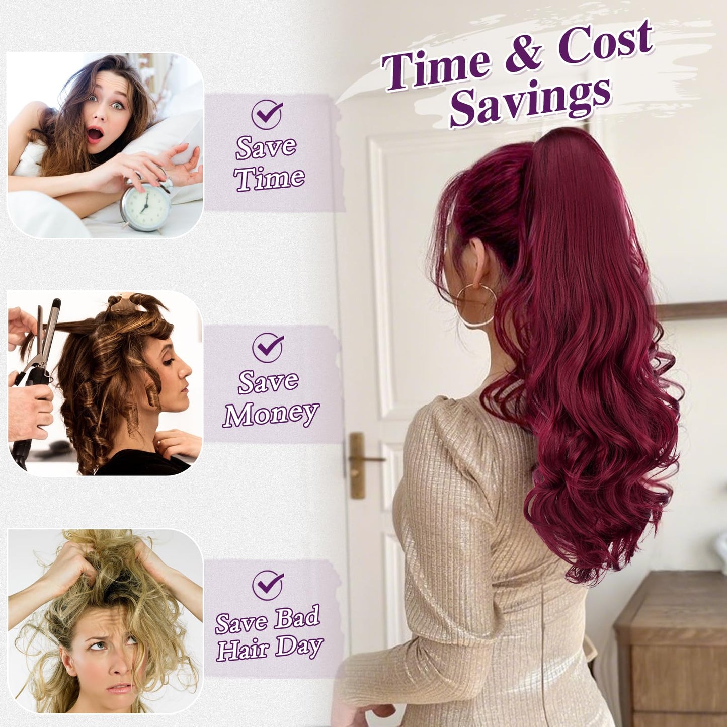 BARSDAR Burgundy Red Wavy Drawstring Ponytail Extensions – 20 Inch Synthetic Drawstring Comb Clip in Ponytail Hair Extensions for Women, Natural Looking Curly Wavy Red Pony Tails Hairpieces