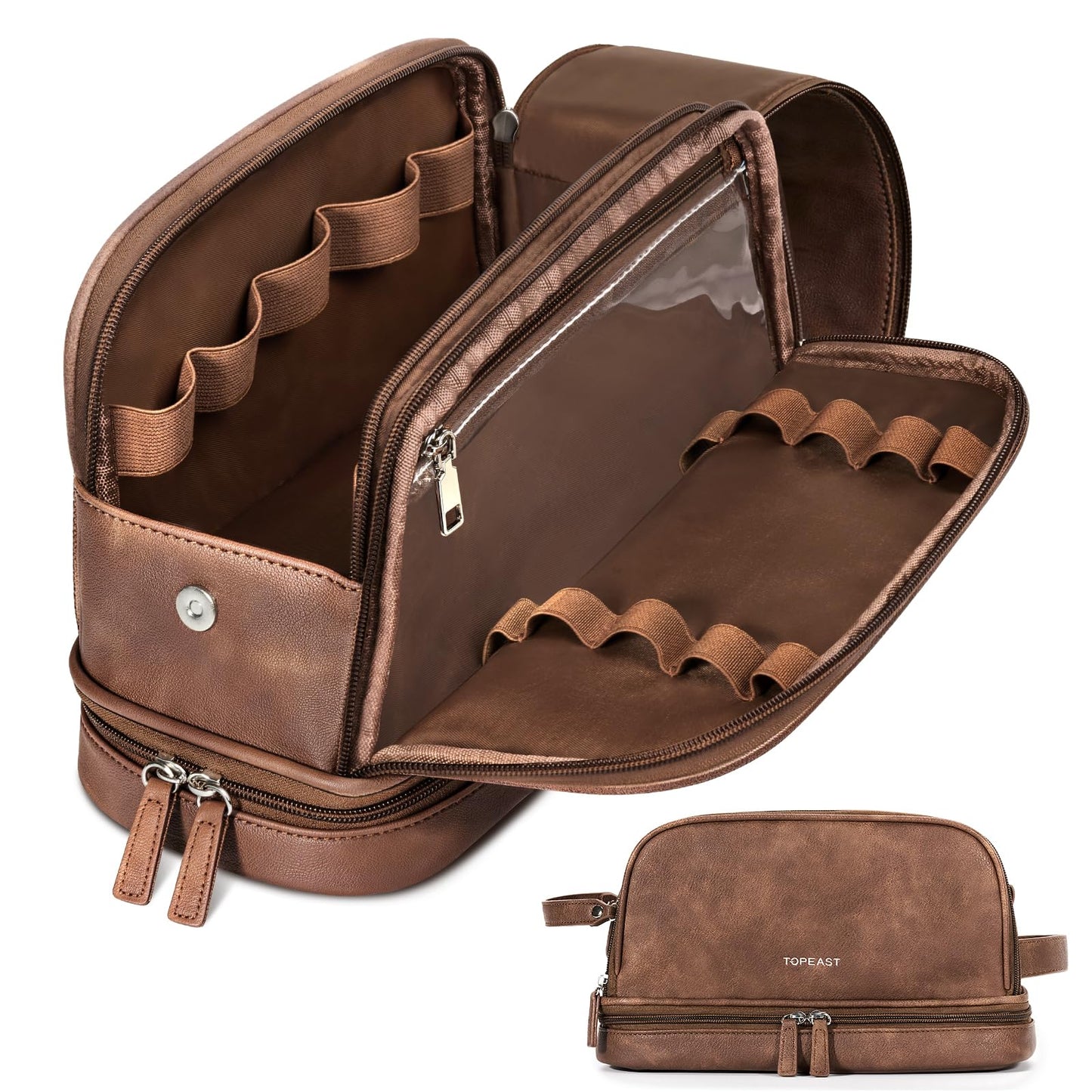 TOPEAST Toiletry Bag for Men, Large PU Leather Dopp Kit with Waterproof Wet Pocket, Double Layer Travel Toiletry Organizer with Brush Compartment, Shaving Bag with Handle, Brown