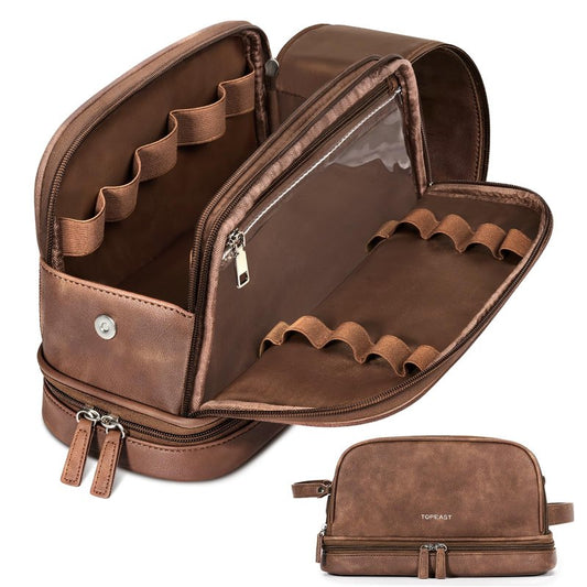 TOPEAST Toiletry Bag for Men, Large PU Leather Dopp Kit with Waterproof Wet Pocket, Double Layer Travel Toiletry Organizer with Brush Compartment, Shaving Bag with Handle, Brown