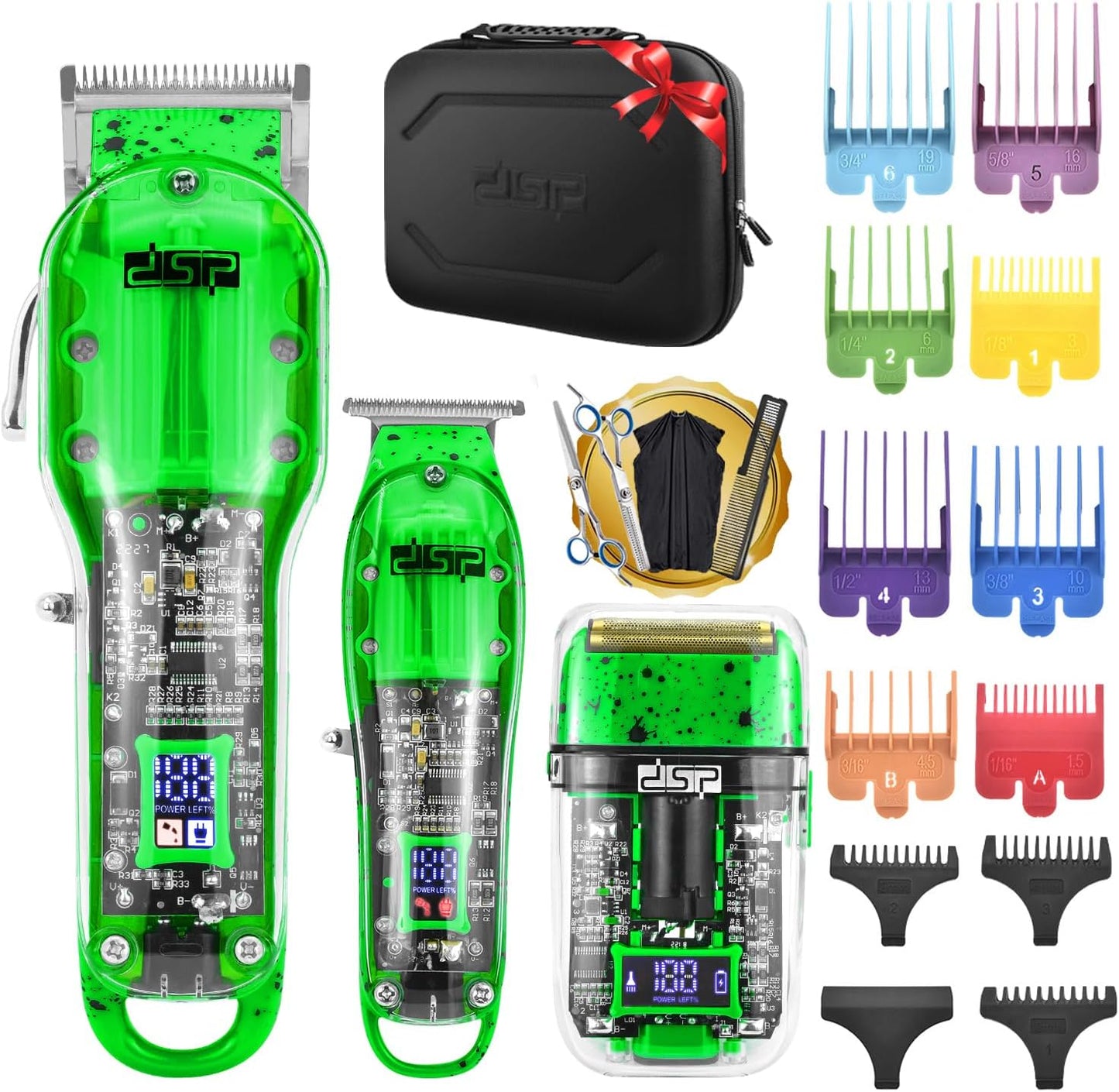 DSP Hair Clipper Set - Professional Rechargeable Trimmer & Shaver Kit for Men | Travel Case, LED Display, Green