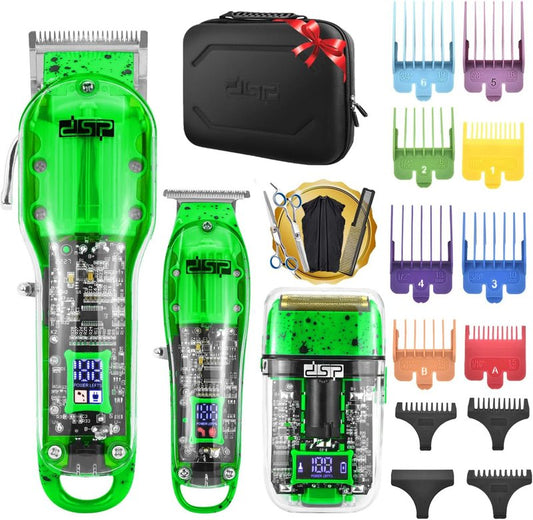 DSP Hair Clipper Set - Professional Rechargeable Trimmer & Shaver Kit for Men | Travel Case, LED Display, Green