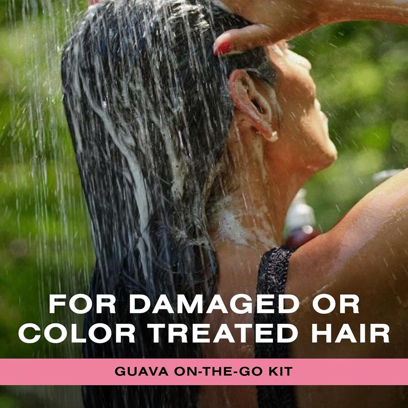 Ceremonia Guava Travel Hair Care Kit - 4 Piece Set for Split Ends & Frizz Control | Shampoo, Conditioner, Leave-In, Detangler Spray