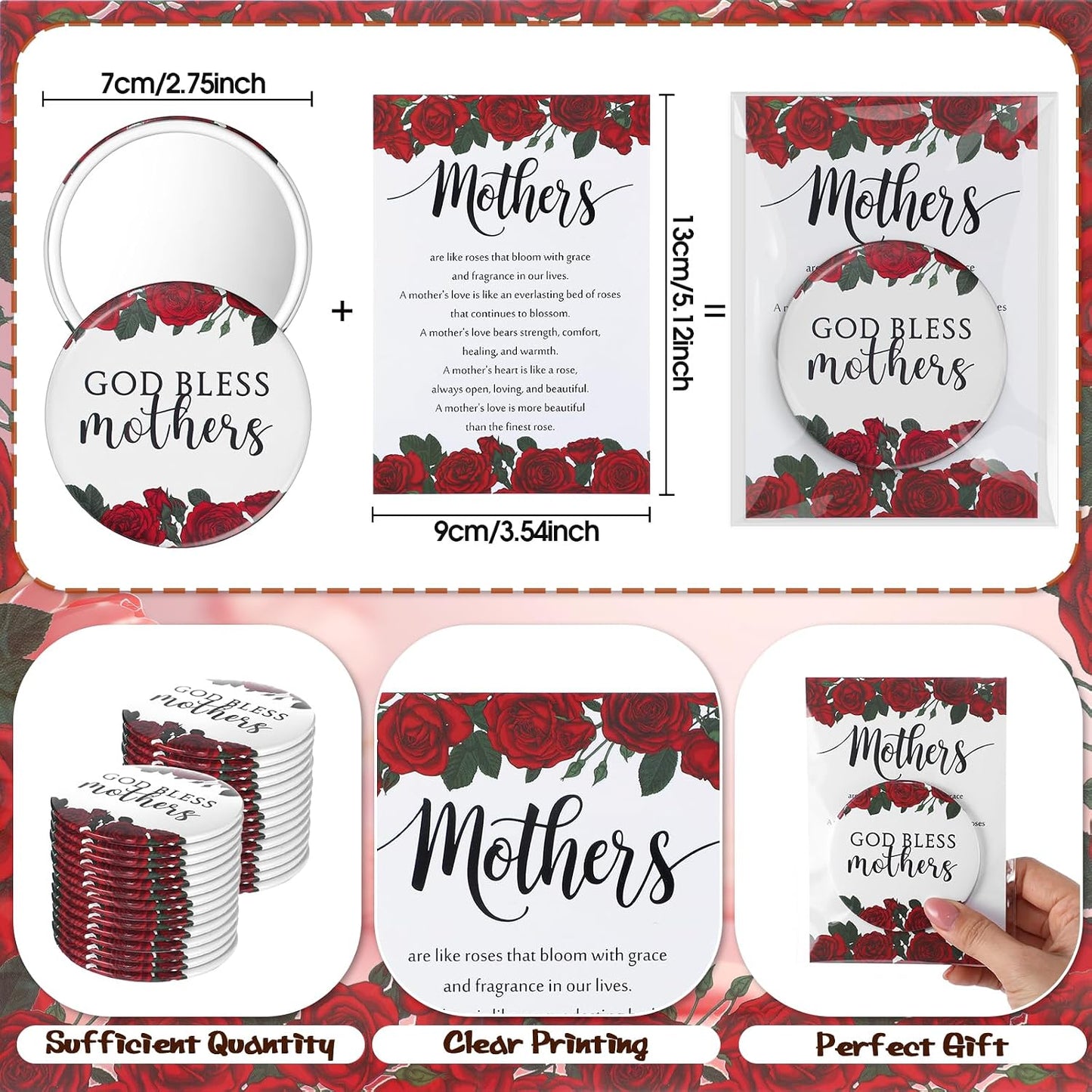 Compact Mirrors for Mother's Day - 25 Pcs God Bless Mothers with Prayer Cards | Christian Gifts for Women, Moms (Rose)