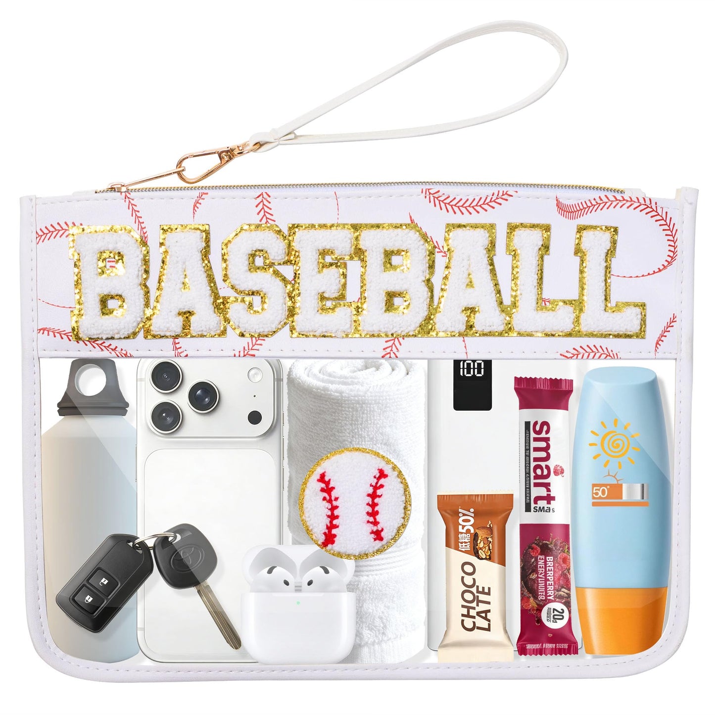 Bufilea Baseball Gift Clear Baseball Bag with Chenille Letter Patches, Waterproof PVC Toiletry Pouch with Wristlet, Large Portable Makeup Bag for Baseball Moms Essentials, Game Day & Travel Organizer